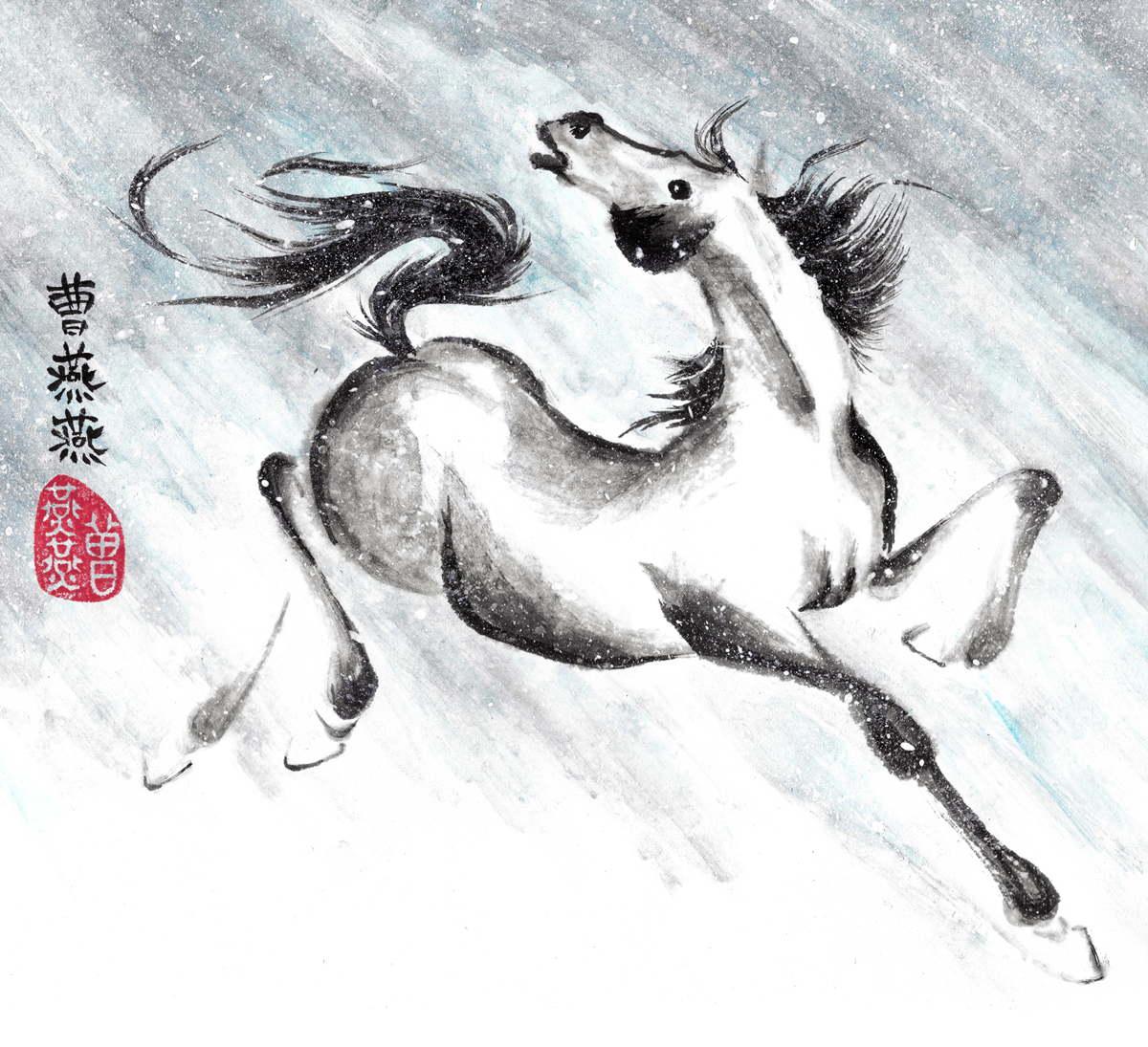 A horse depicted in traditional Chinese ink painting style, rearing with flowing mane and tail, against a light background.