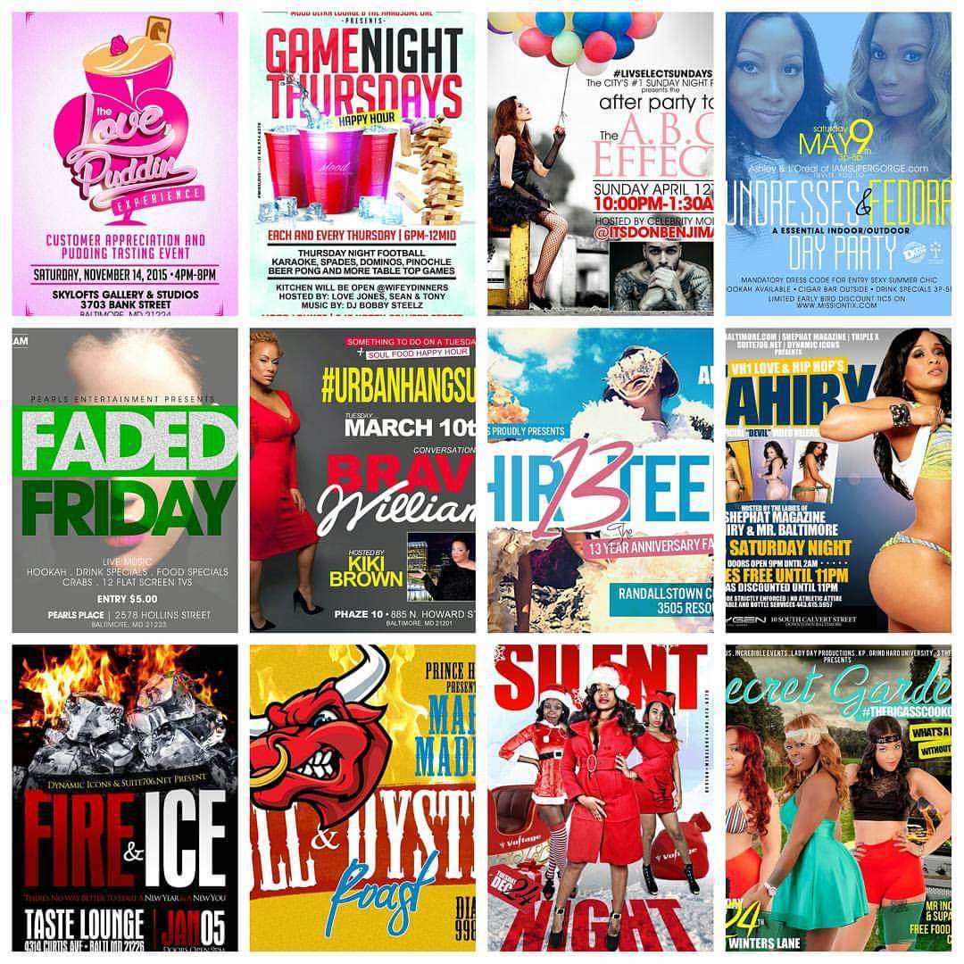 Collection of event posters for parties, nightlife, and entertainment, featuring colorful designs, people, and text.