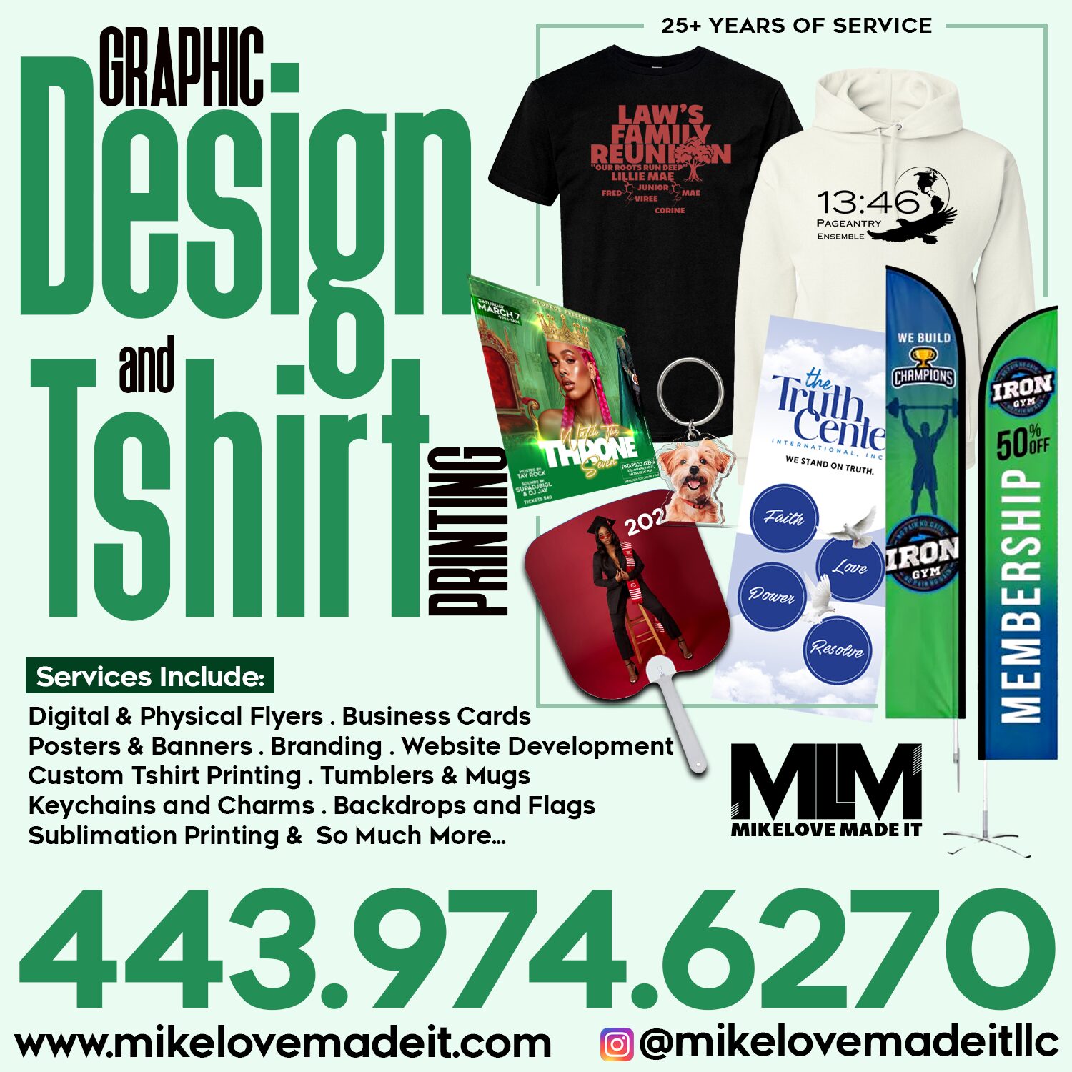 Promotional flyer for graphic design and printing services, featuring clothing, accessories, and contact information.