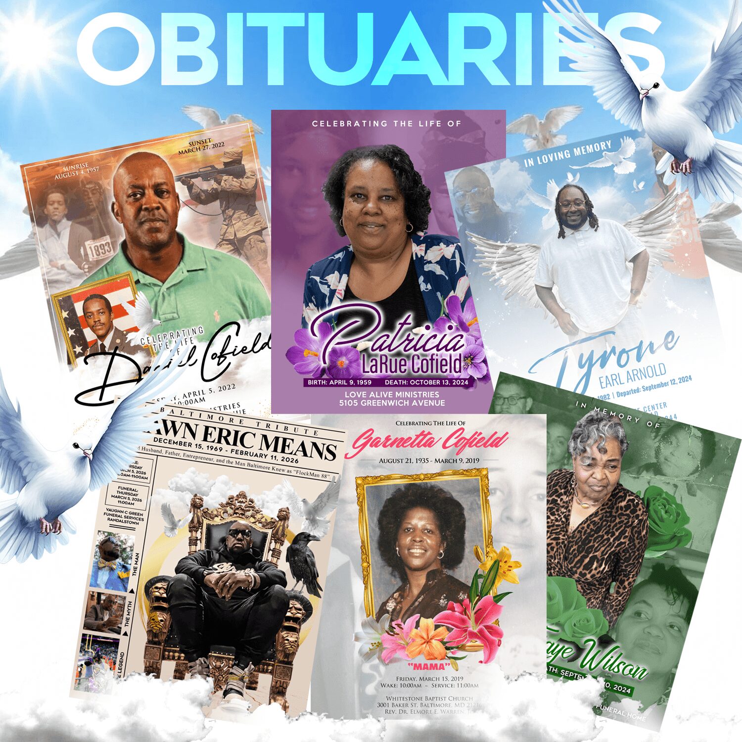 Collage of obituary notices with photos of various people, flowers, and doves, celebrating lives and memories.