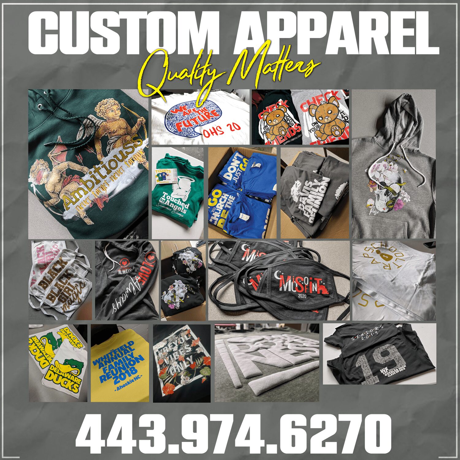 Collage of custom apparel items including hoodies, t-shirts, and accessories with various designs and logos.
