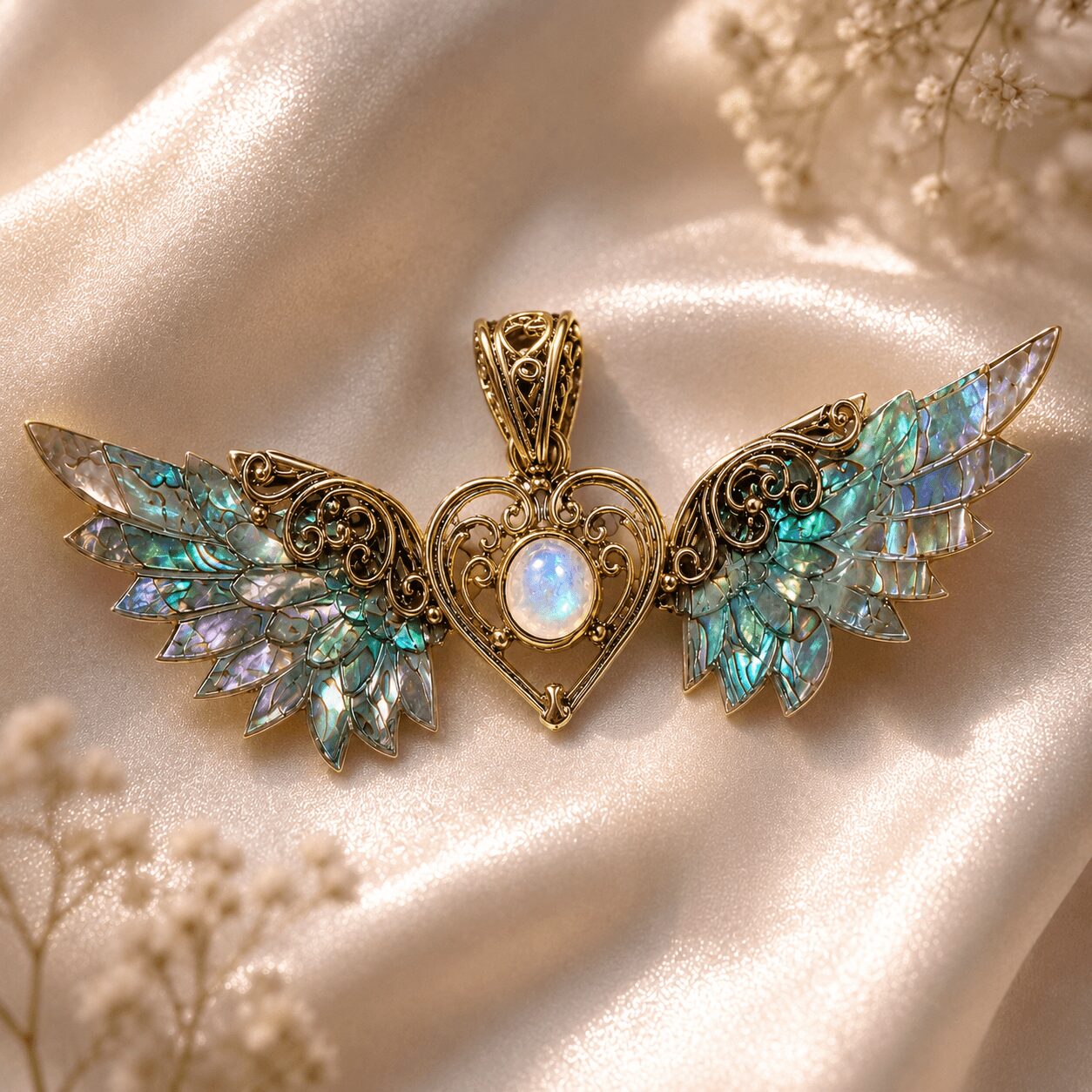 Gold heart-shaped pendant with iridescent wings and a central pearl, resting on satin fabric with small flowers nearby.