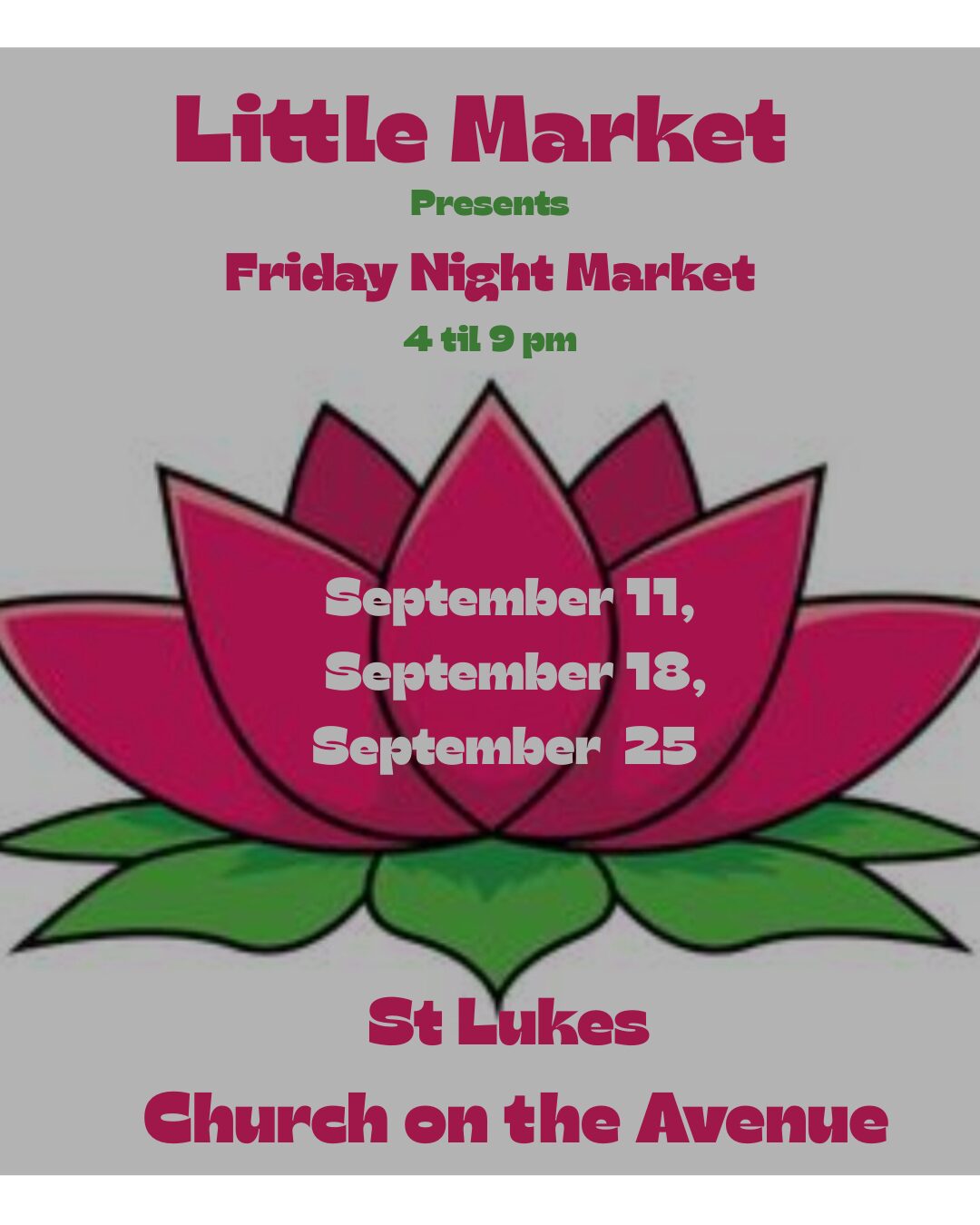 Text about Little Market event with dates and location over a pink lotus flower illustration.