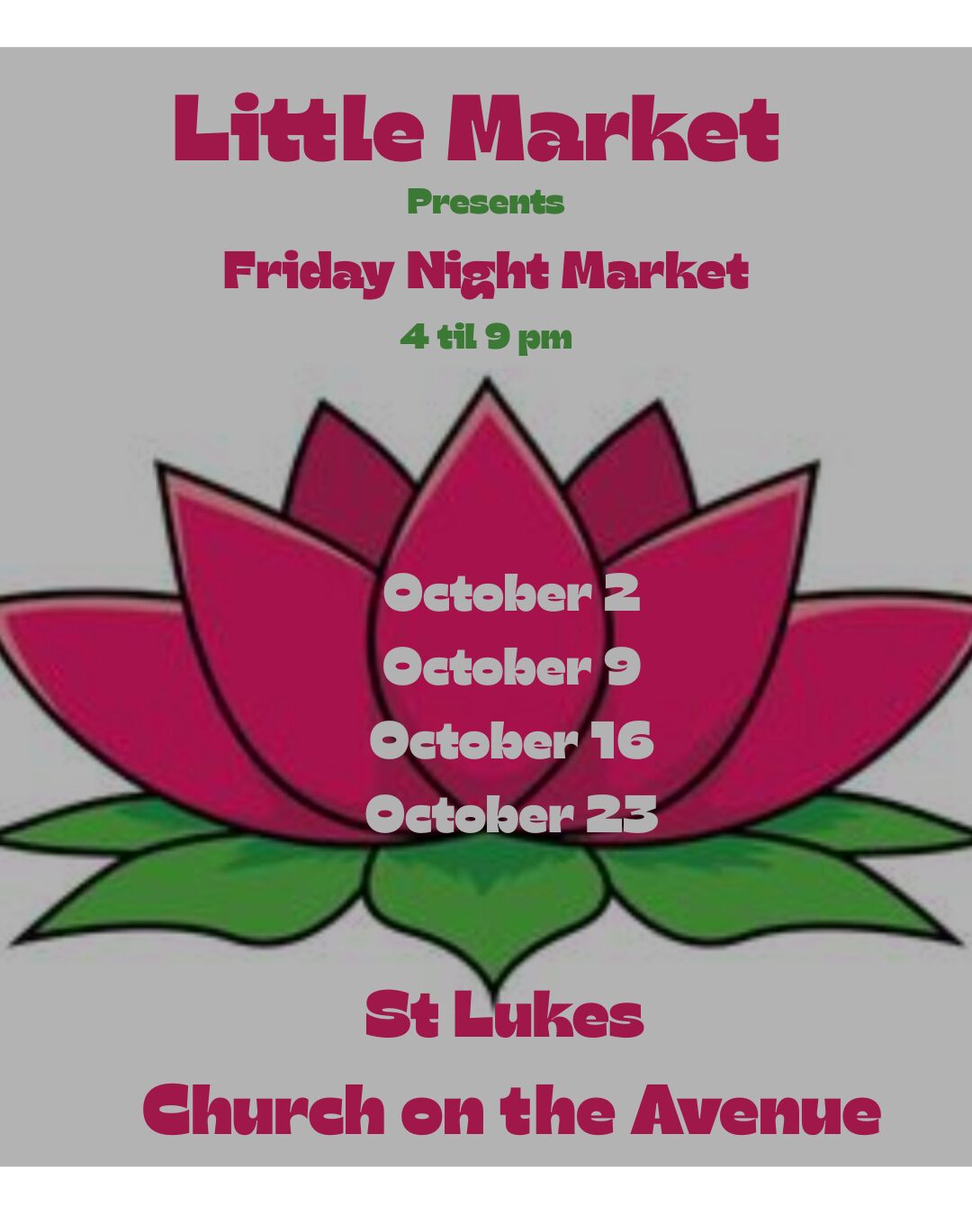 Event poster with a pink lotus flower, text about a night market, dates, and location, on a gray background.