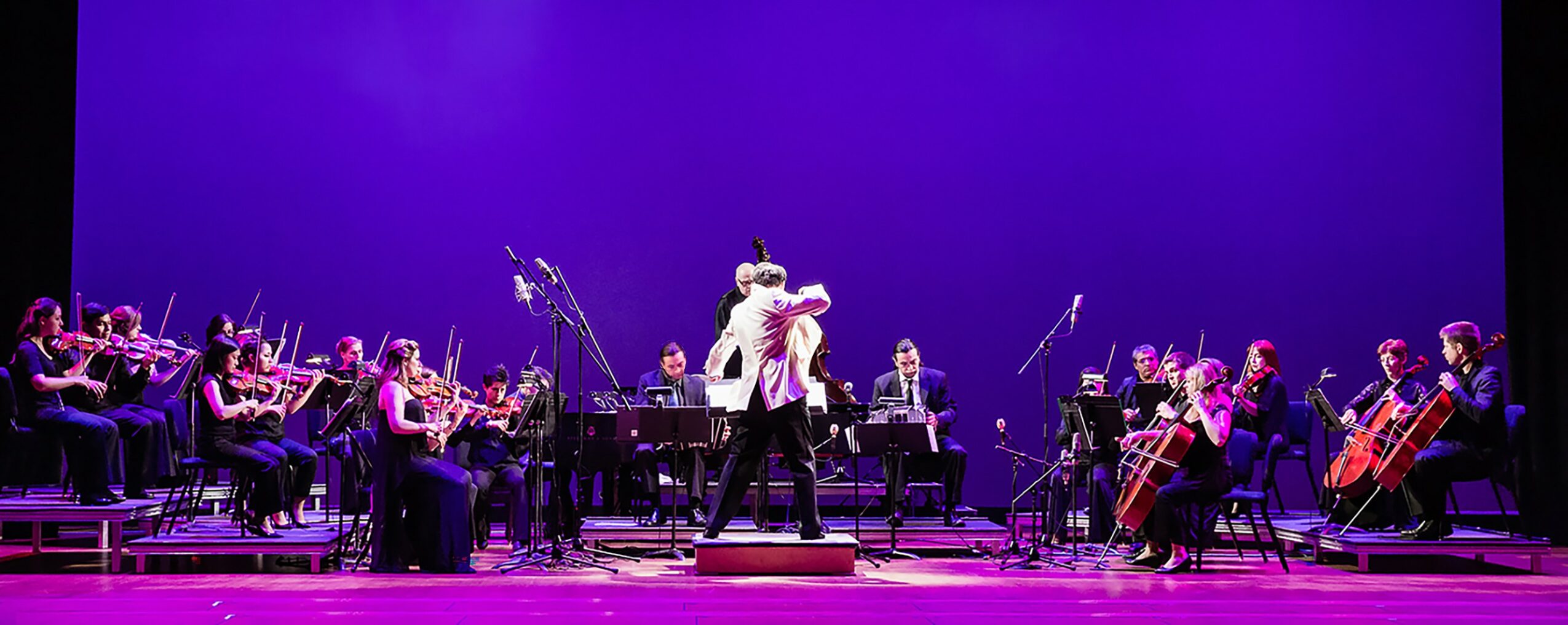 Orchestra performing on stage with conductor, musicians playing string instruments, purple background, stage lighting.