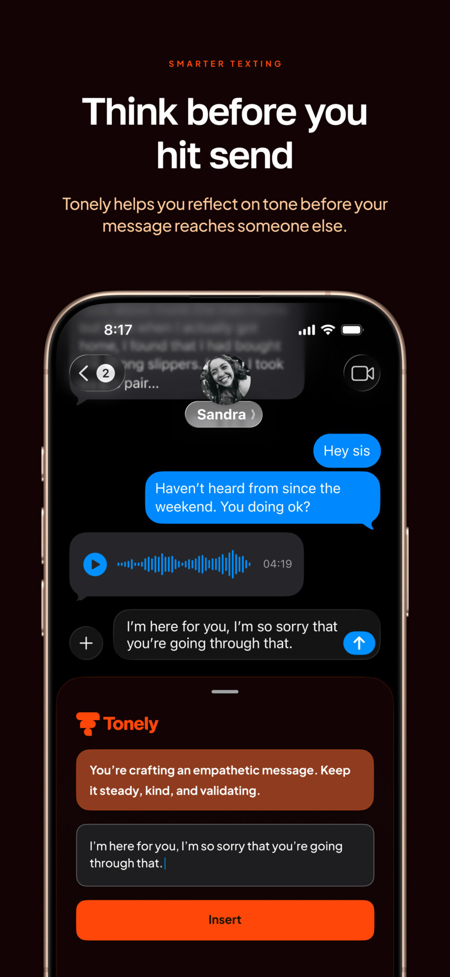 Screenshot of a messaging app with a conversation about planning for the weekend, including a red 'Insert' button.