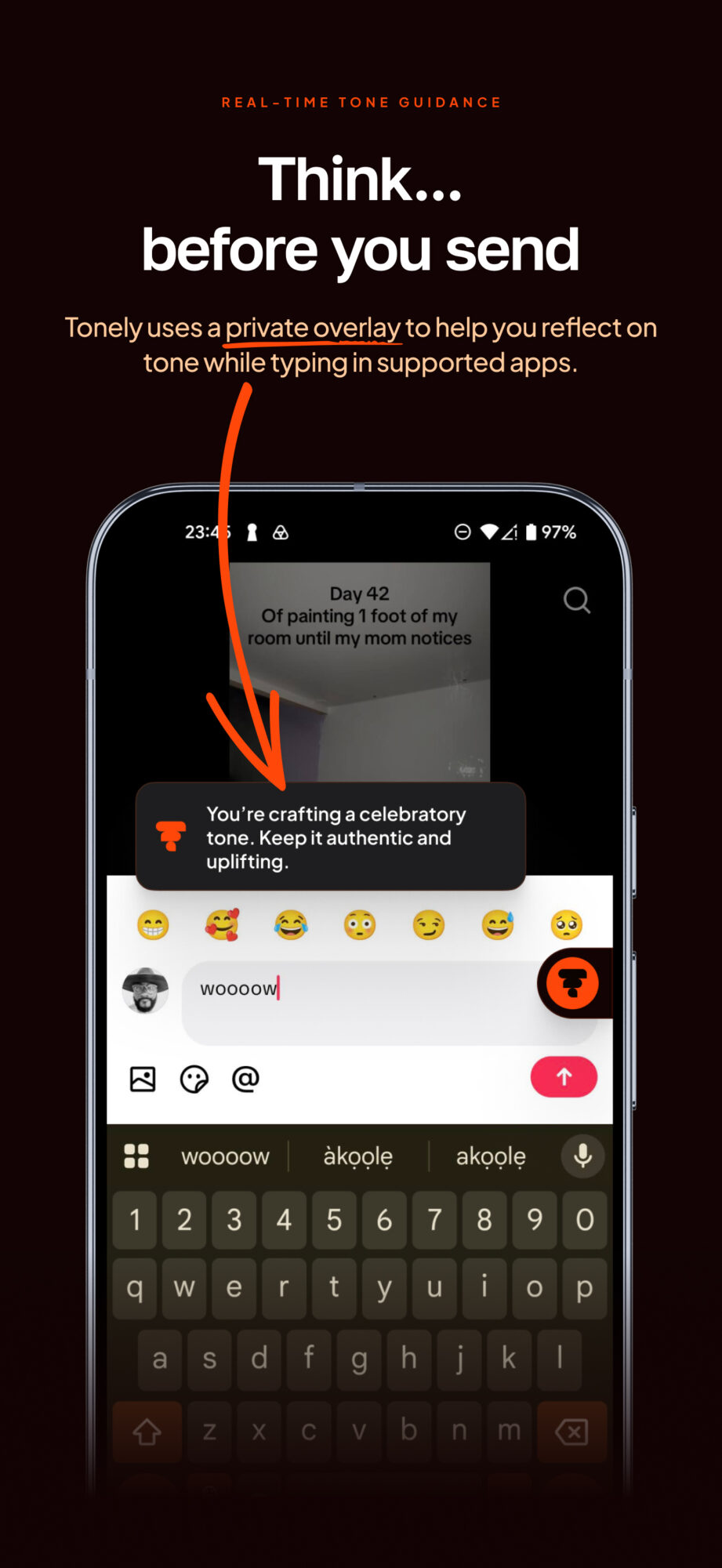Smartphone screen showing a messaging app with a keyboard and emoji options, with text about tone and typing. Word count: 20.