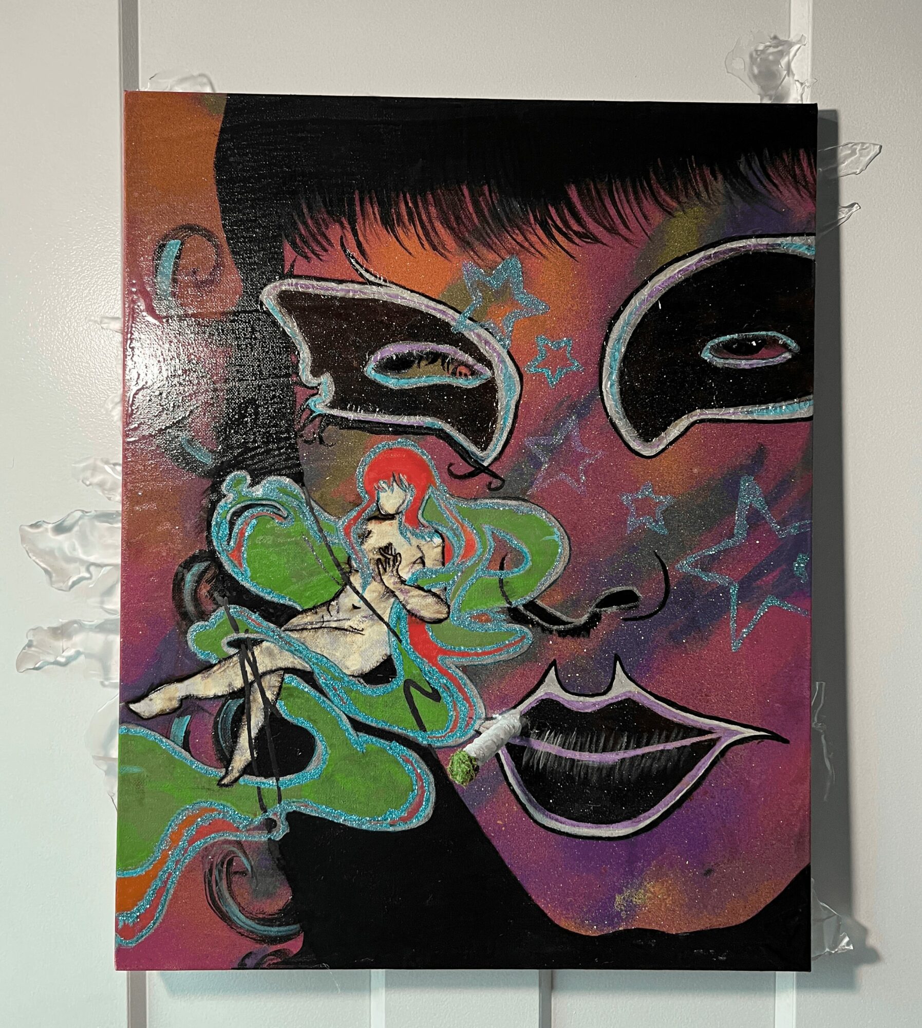 Colorful abstract portrait of a person's face with exaggerated features and vibrant background.