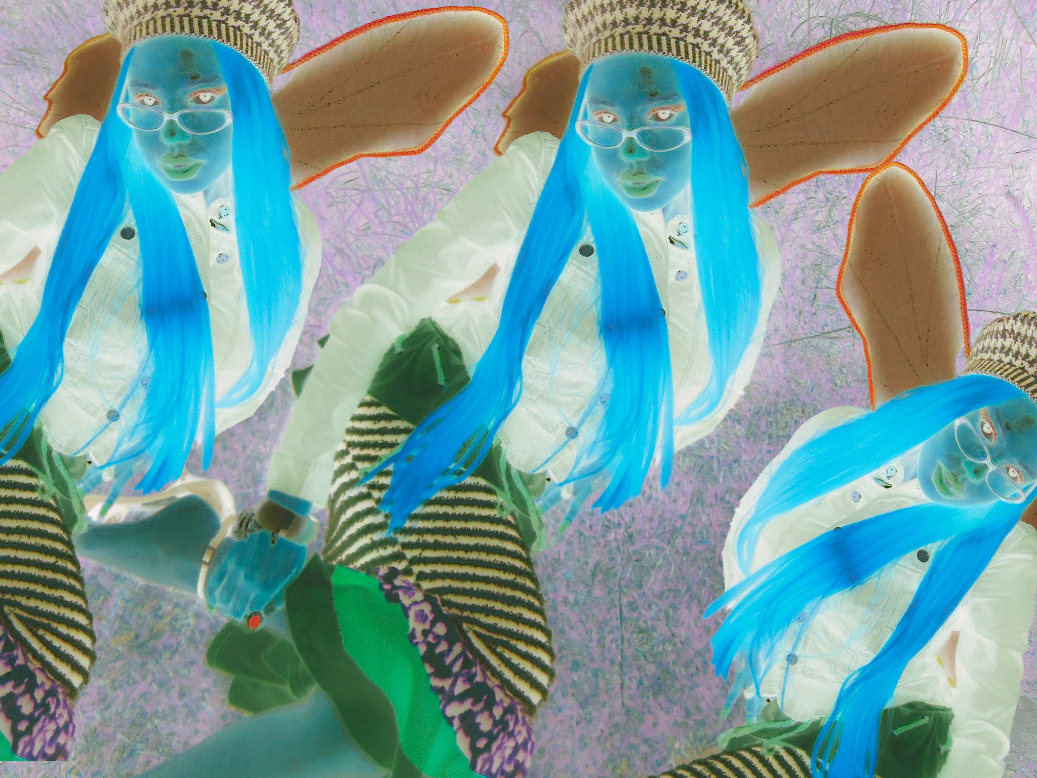 Three people with long blue hair, glasses, and striped clothing, lying on their sides with legs bent, in an inverted color effect.