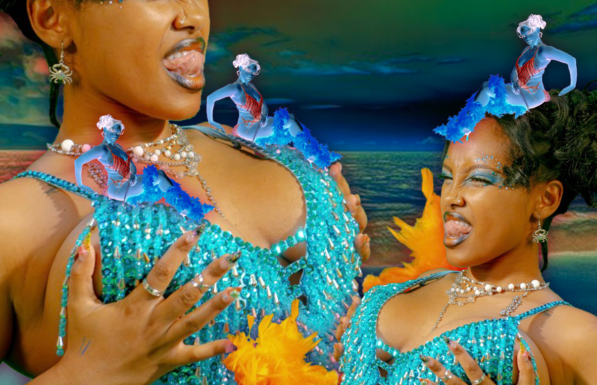 Two women in colorful costumes with blue and yellow decorations, making expressive gestures and faces.