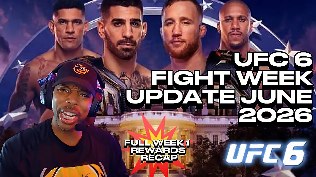 Four male fighters and a woman in front, UFC 6 Fight Week update June 2026, UFC logo, and event details.