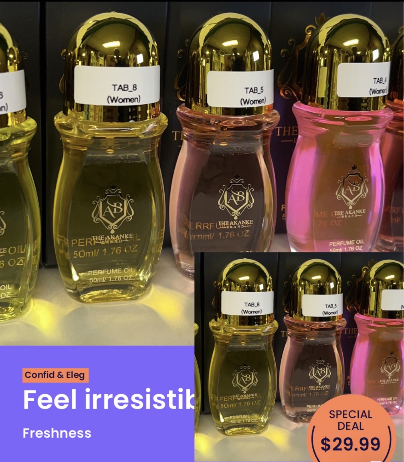 Three perfume bottles with gold caps and labels, displayed on a shelf, with a purple and blue promotional background below.