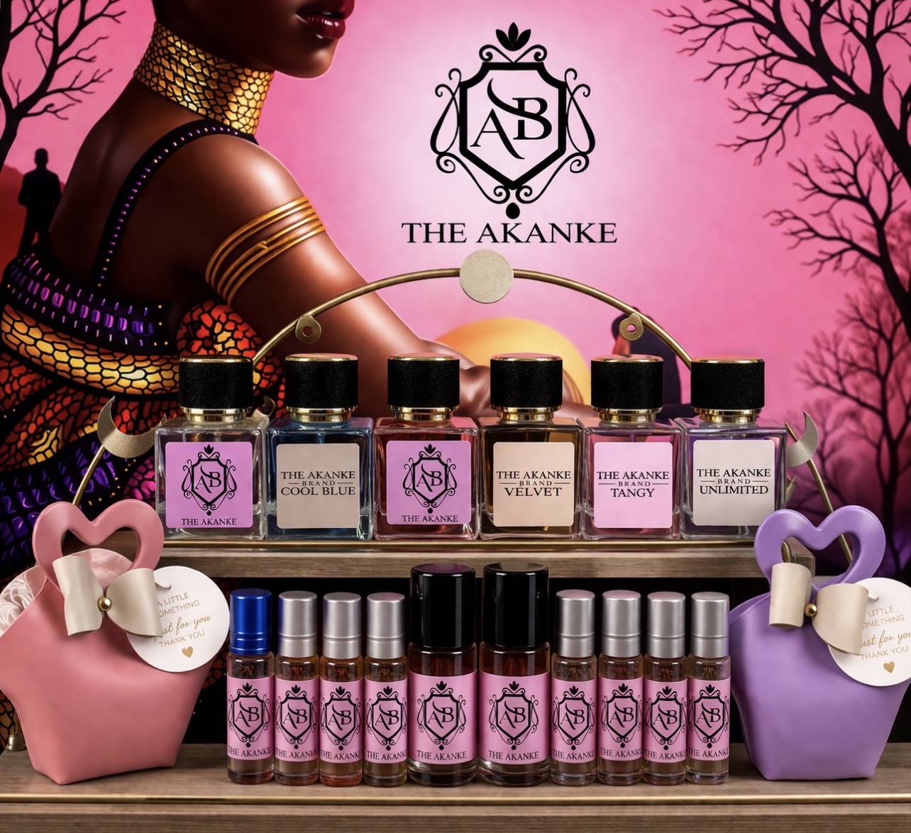 Display of perfume bottles with a woman in traditional jewelry and a pink background with trees and logo.