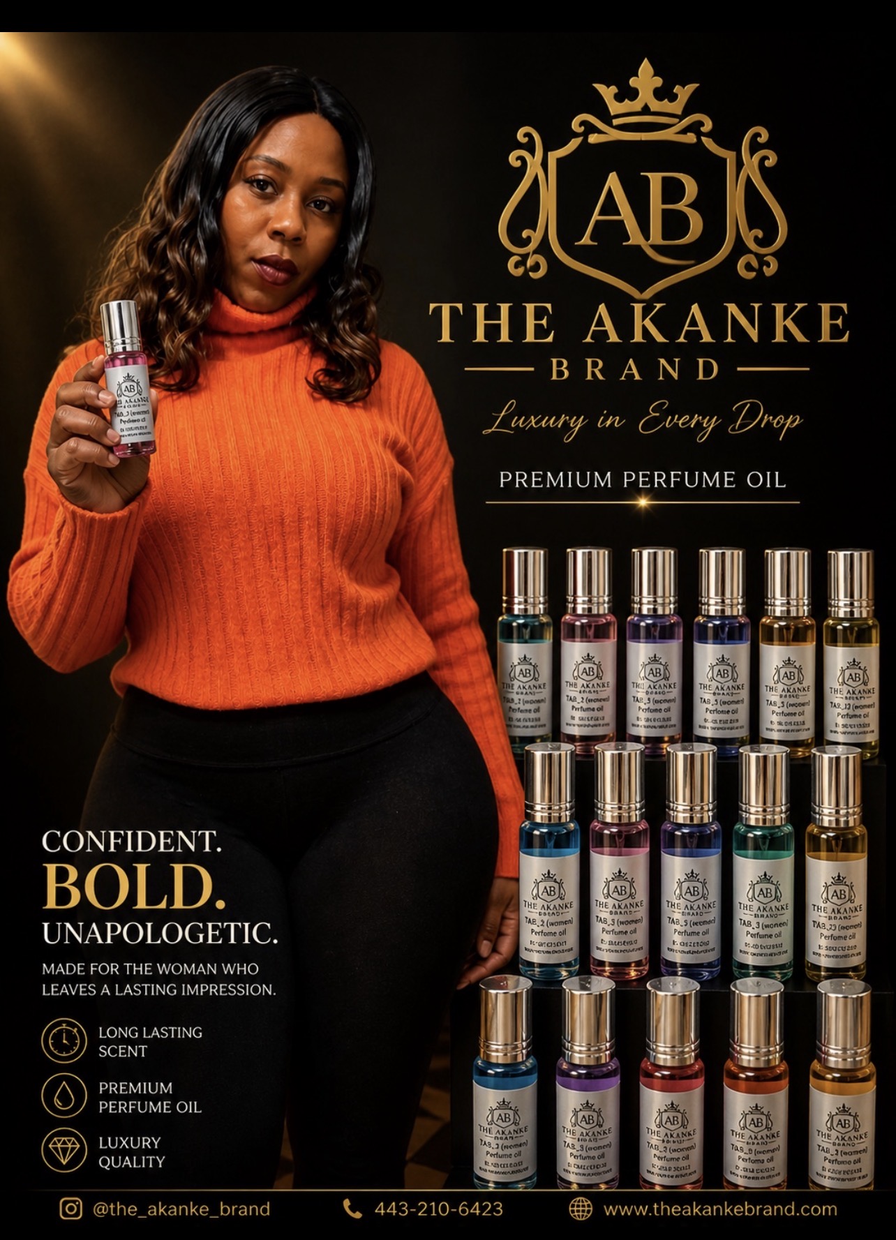 Woman in orange sweater holding perfume oil, black background with gold logo and bottles, text about perfume brand and qualities.