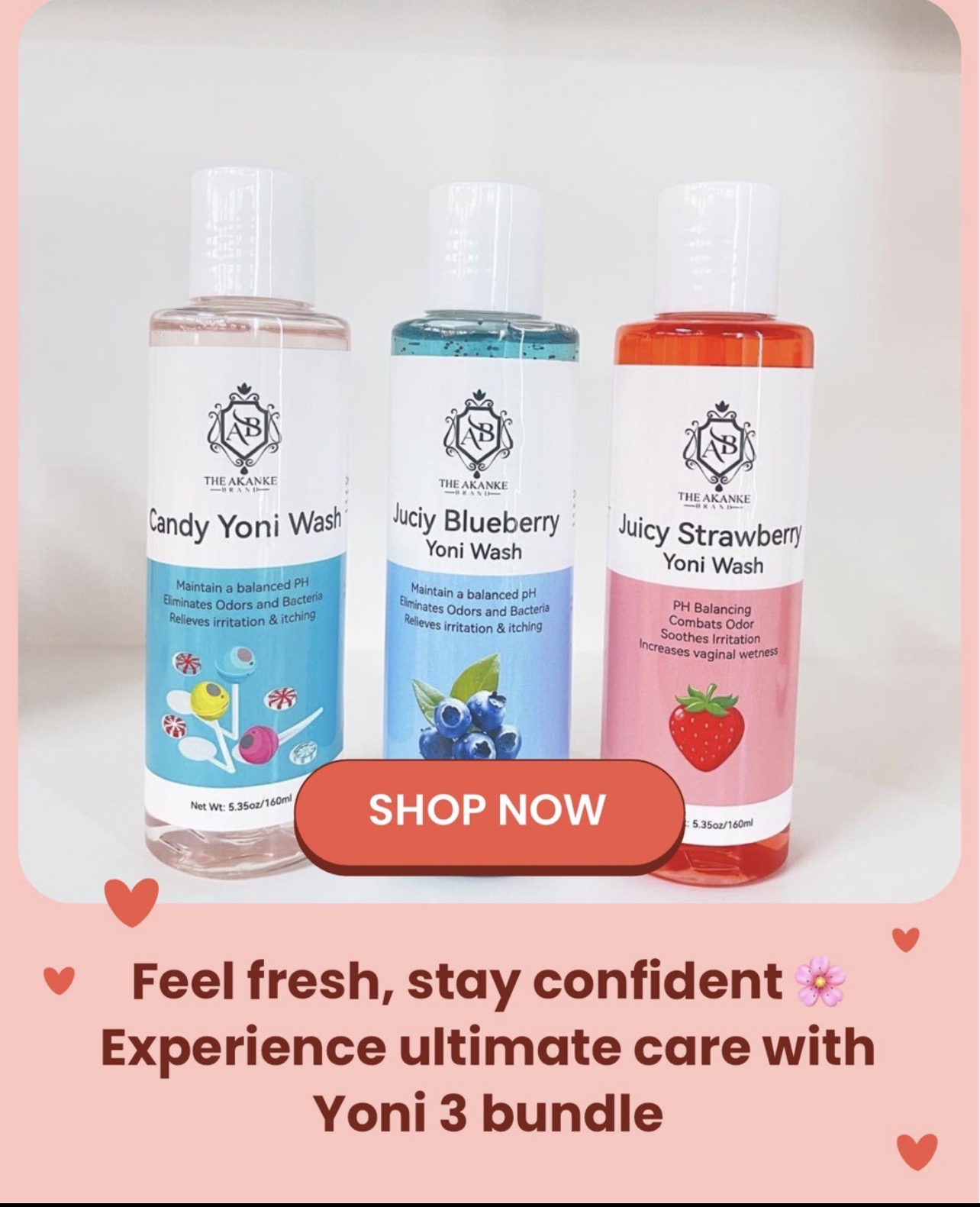 Three bottles of Yoni wash with different flavors: candy, blueberry, and strawberry, on a white background with a pink border.