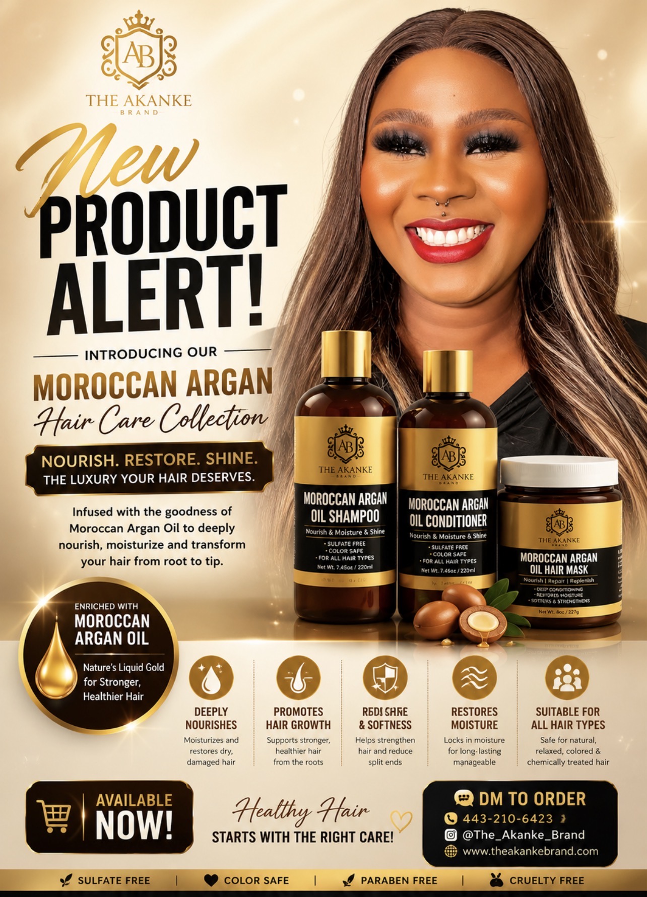 Smiling woman with long hair and makeup, promoting Moroccan Argan Hair Care Collection with bottles and capsules, gold and black packaging.