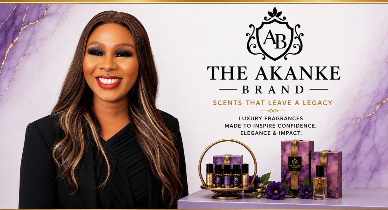 Smiling woman with long hair and makeup beside a display of purple and gold products, and a logo with text on a purple background.