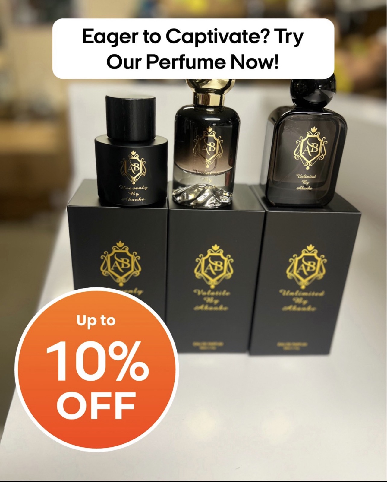 Three perfume bottles on black boxes with promotional text and a red circle indicating up to 10% off.