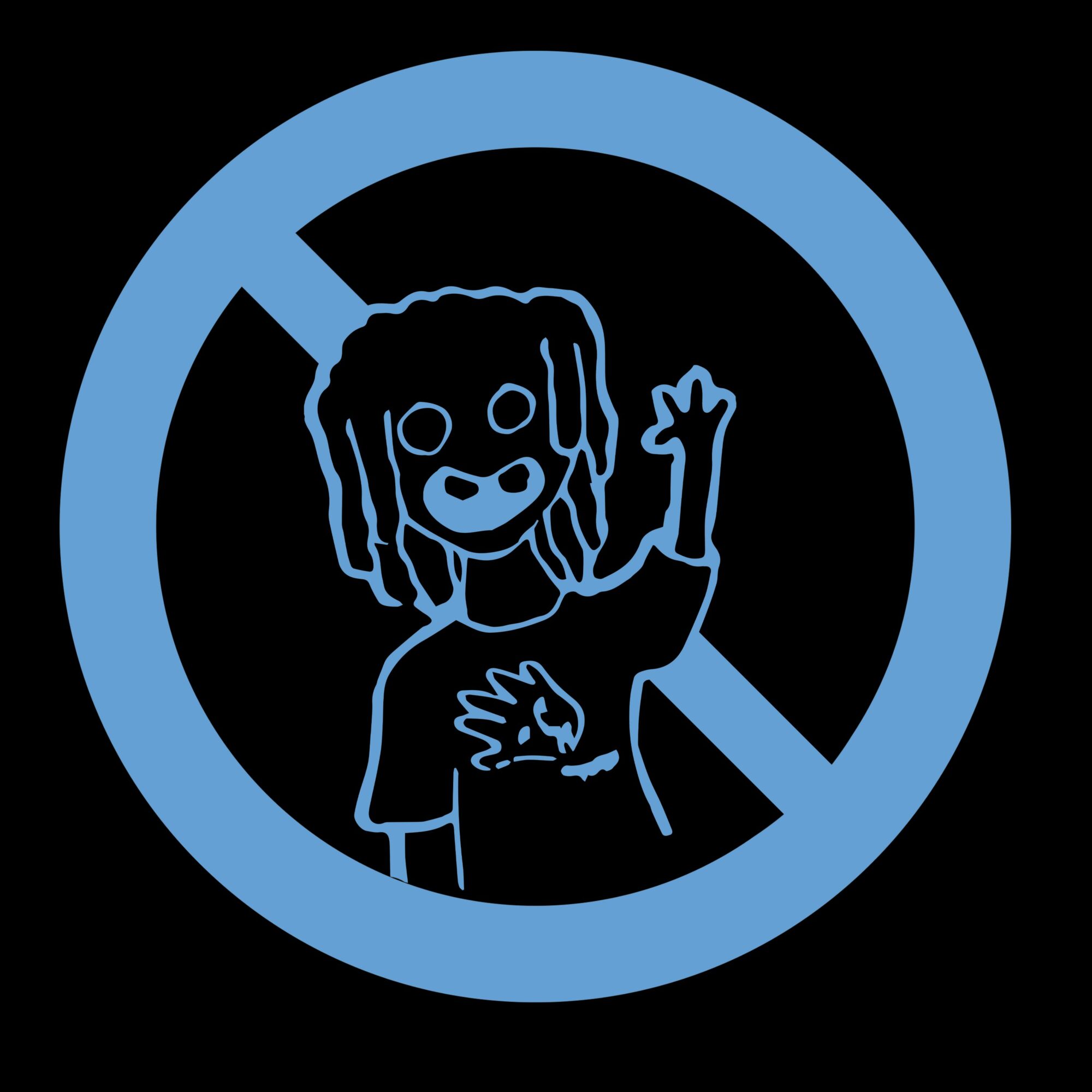 A blue prohibition sign with a cartoon character waving, wearing a shirt with a hedgehog, on a black background.