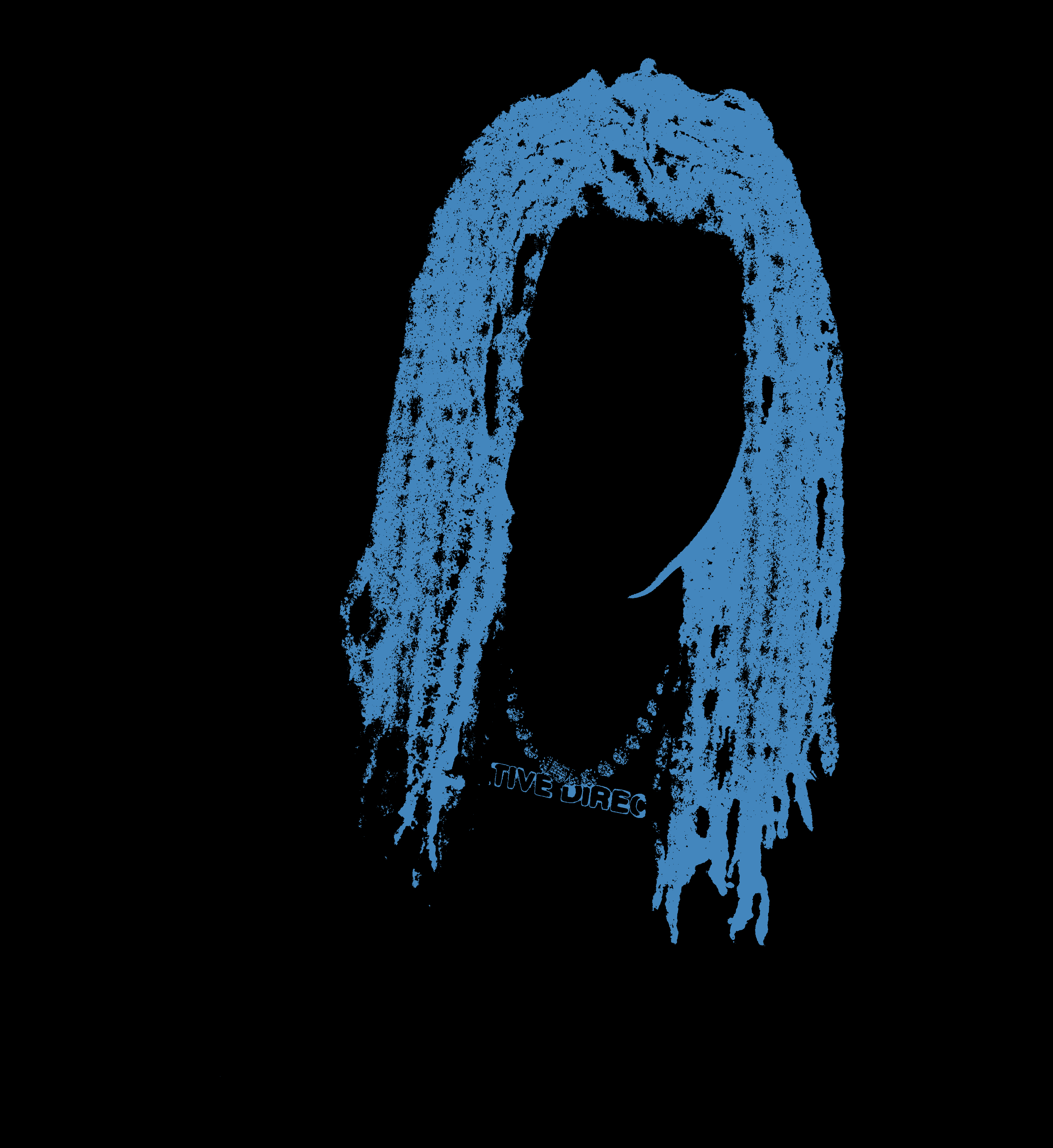 Silhouette of a person with long, textured hair, wearing a necklace, against a black background.