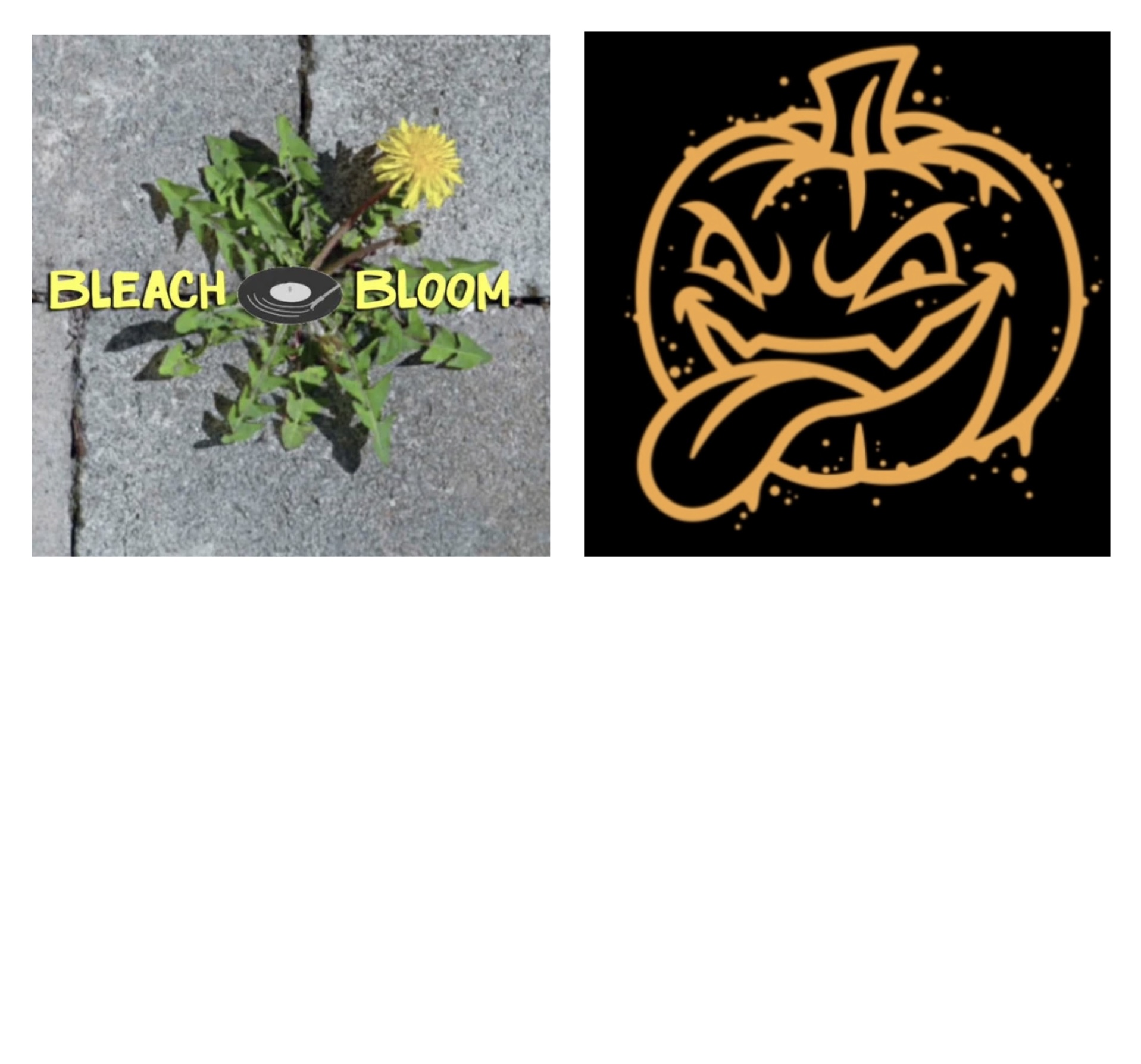 Two images: one of a dandelion plant with yellow flowers on concrete, and one of a stylized pumpkin with a mischievous face.