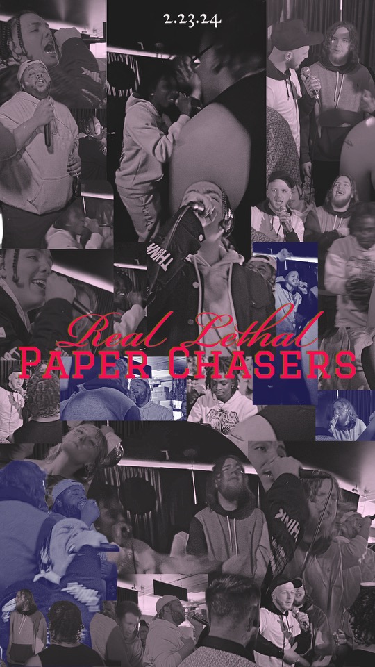 Collage of people in a social setting, some holding papers or objects, with text 'Paper Chasers' in red.