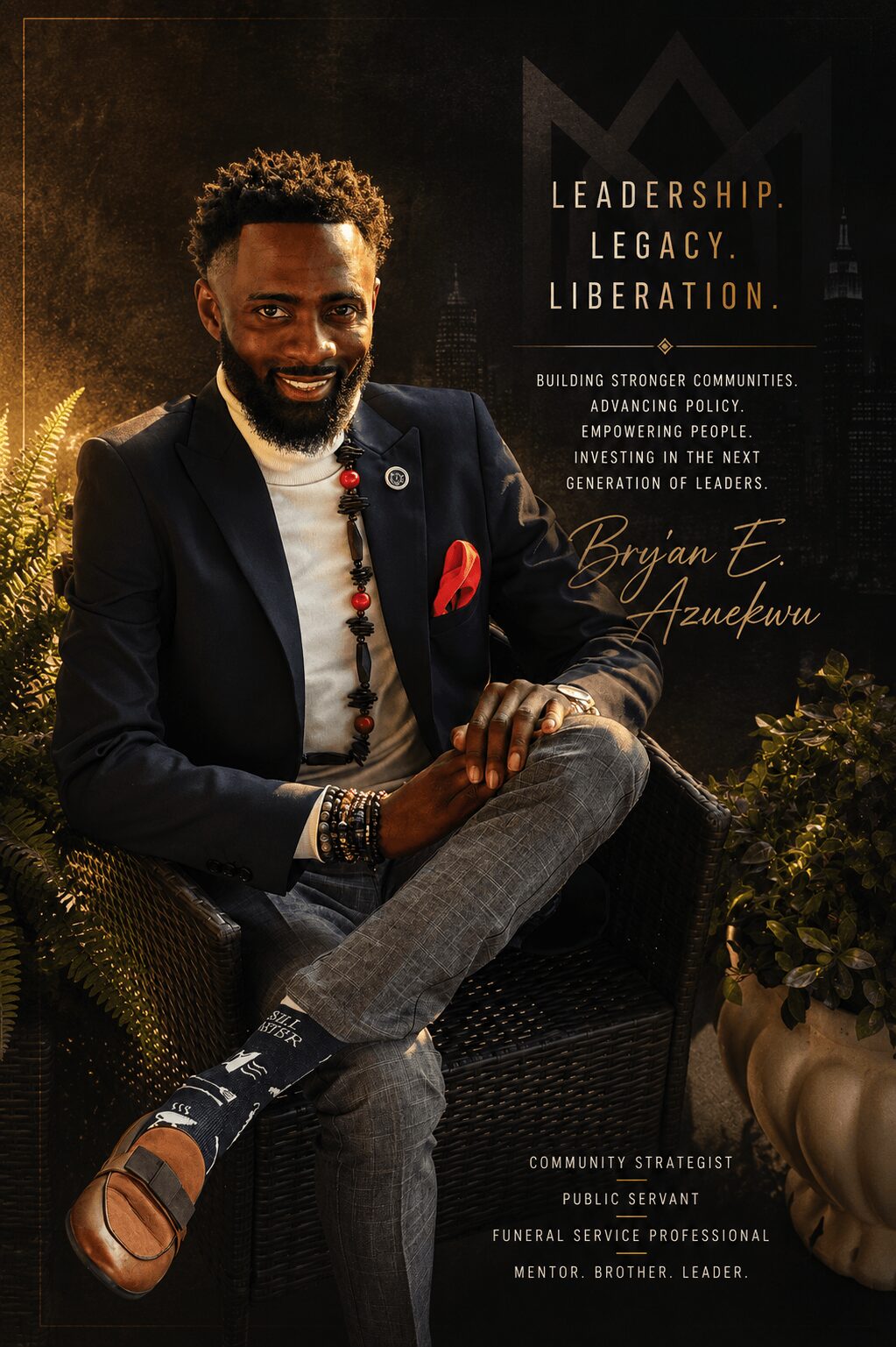 Man with a beard and curly hair sitting outdoors, wearing a suit and smiling, with text about leadership and legacy.