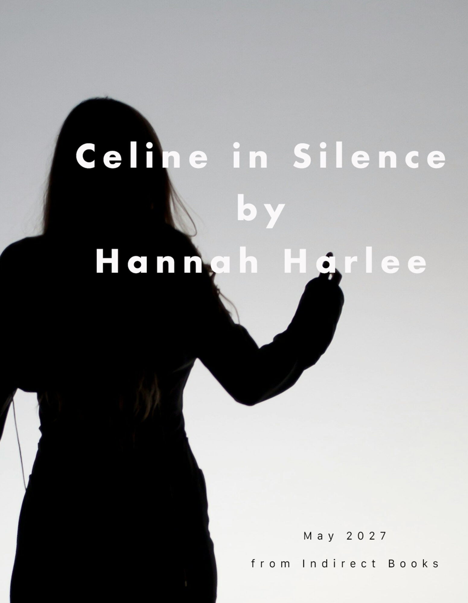 Silhouette of a person with long hair, pointing to the right, against a light background, with text overlay.