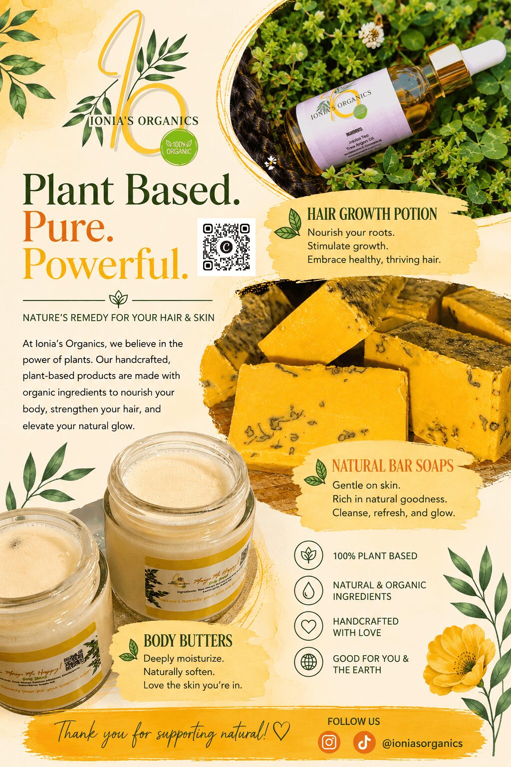 Advertisement for plant-based products including hair growth potion, natural bar soap, body butter, with green plants and product images.