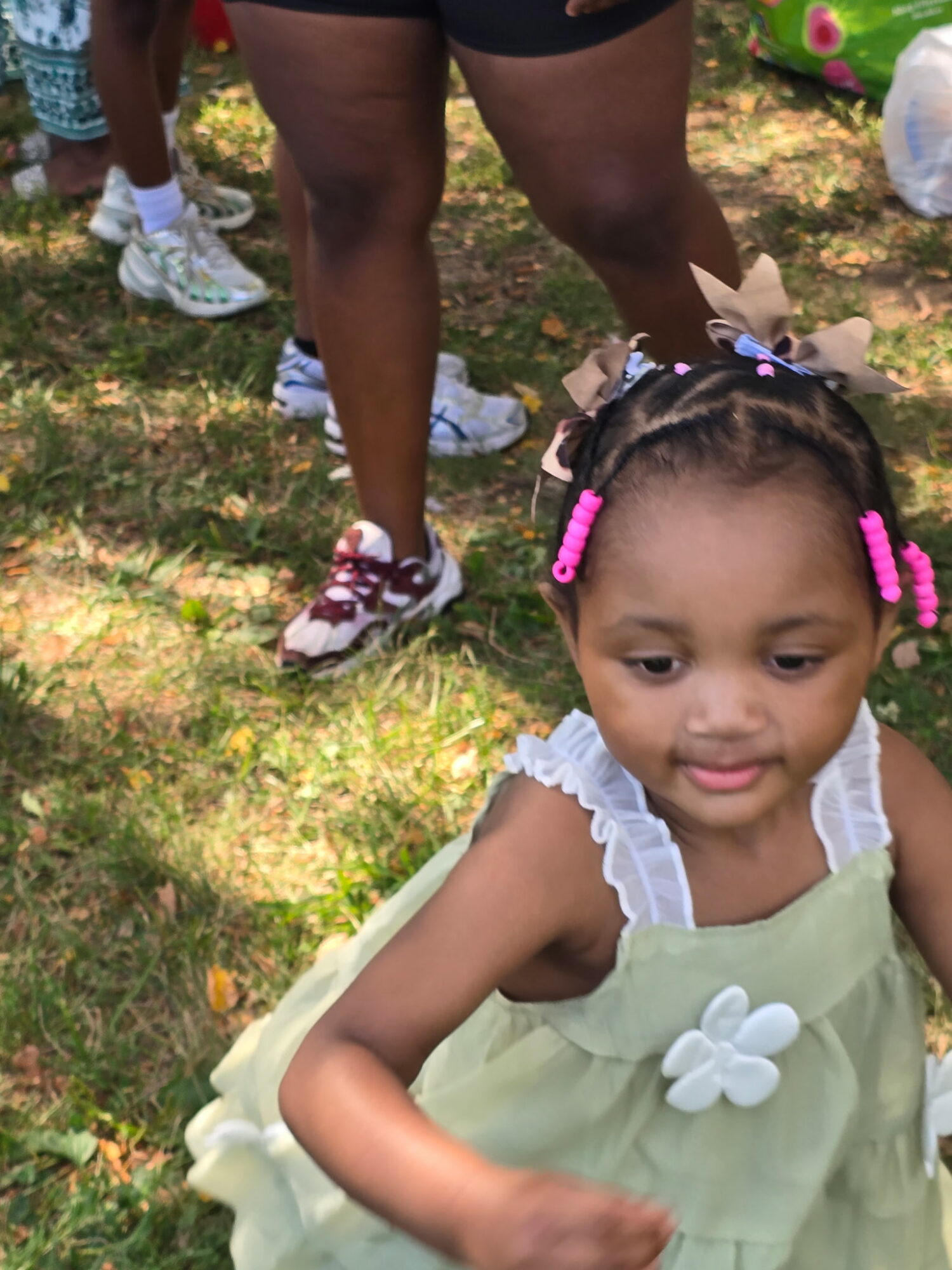 Young girl with braided hair and pink beads, wearing a light green dress with a white flower, outdoors on grass.