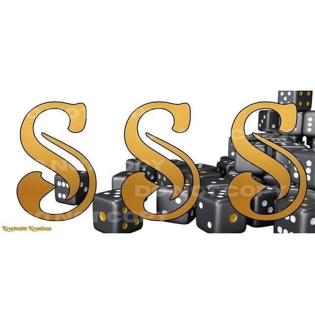 Three large gold letter S with black and white dice in the background, arranged in a row.