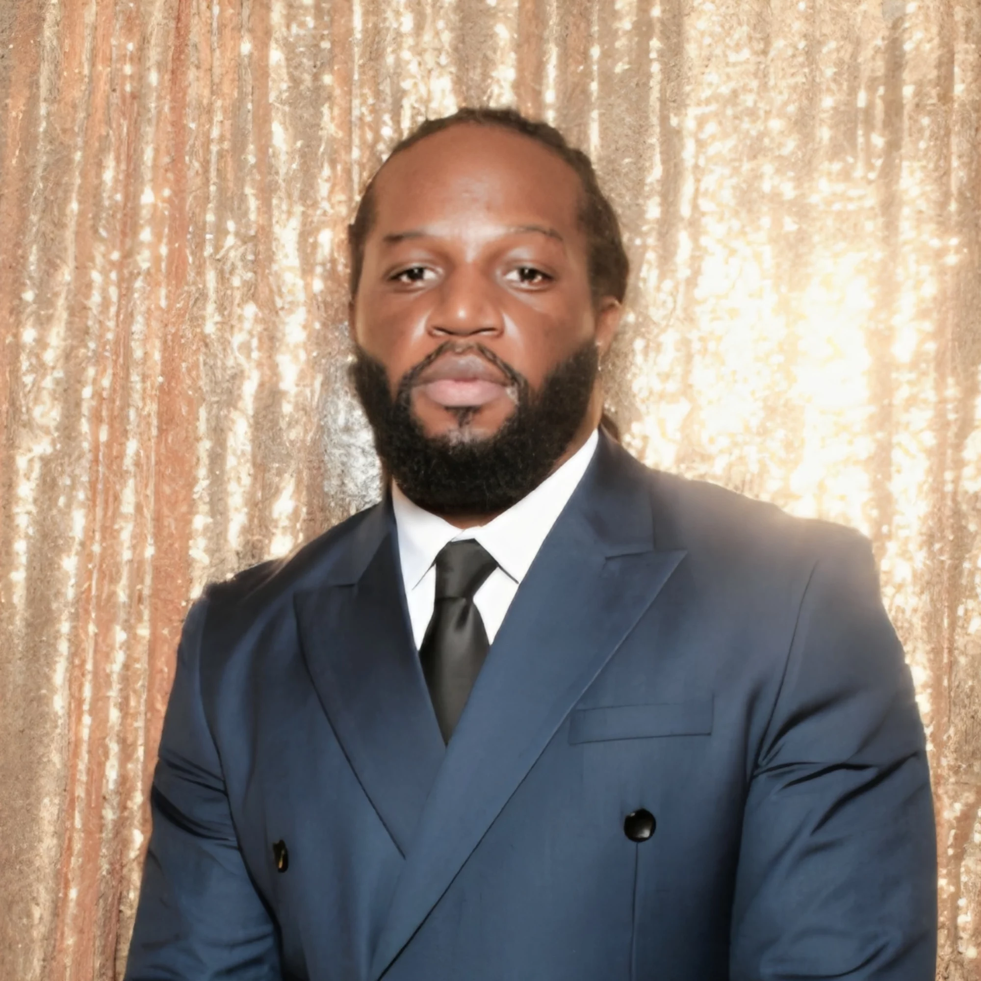 Man in a dark suit and tie standing in front of a gold curtain background.
