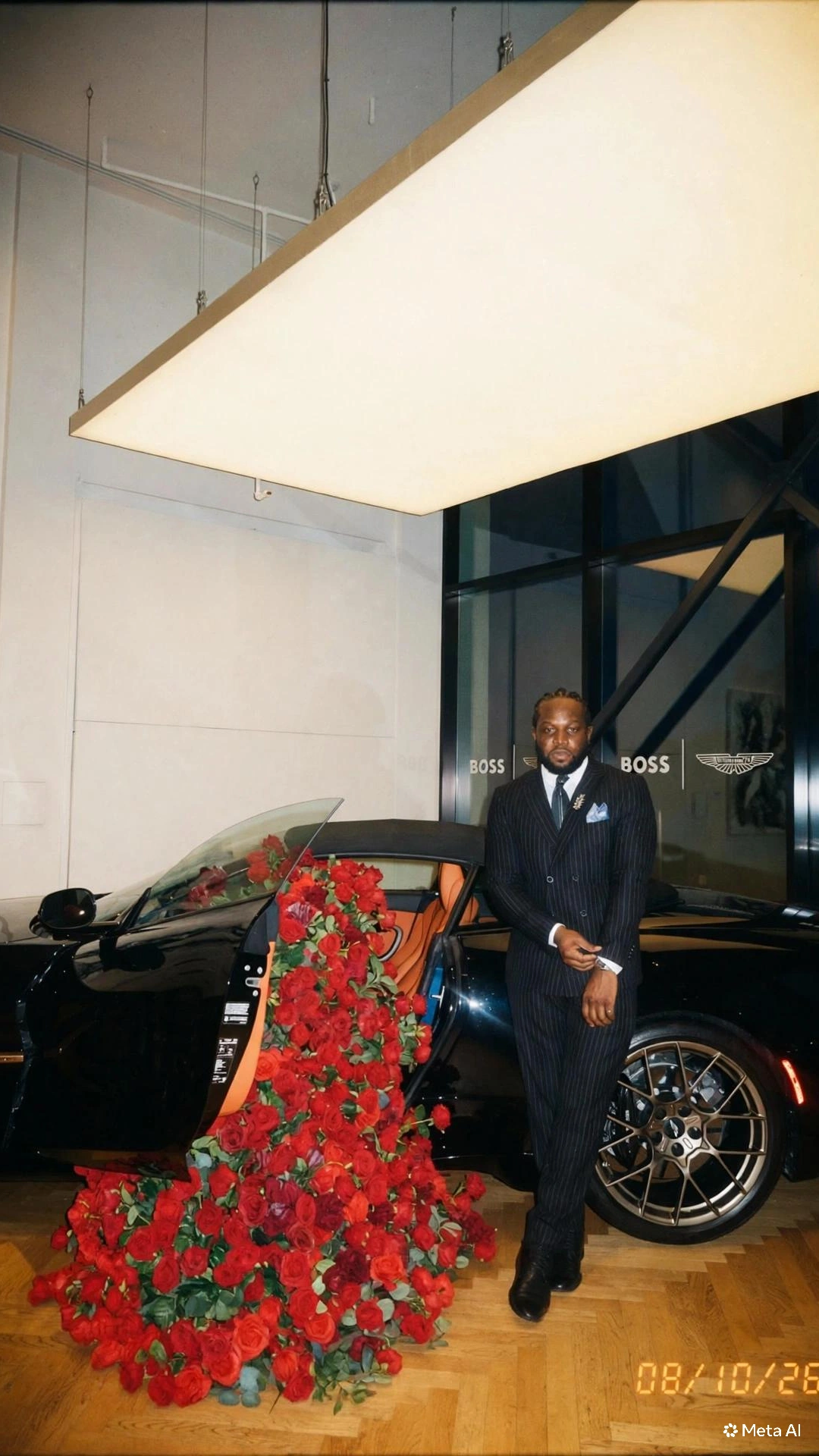 Man in suit standing next to a black luxury car with a large floral arrangement on the ground, in front of a building with glass doors.