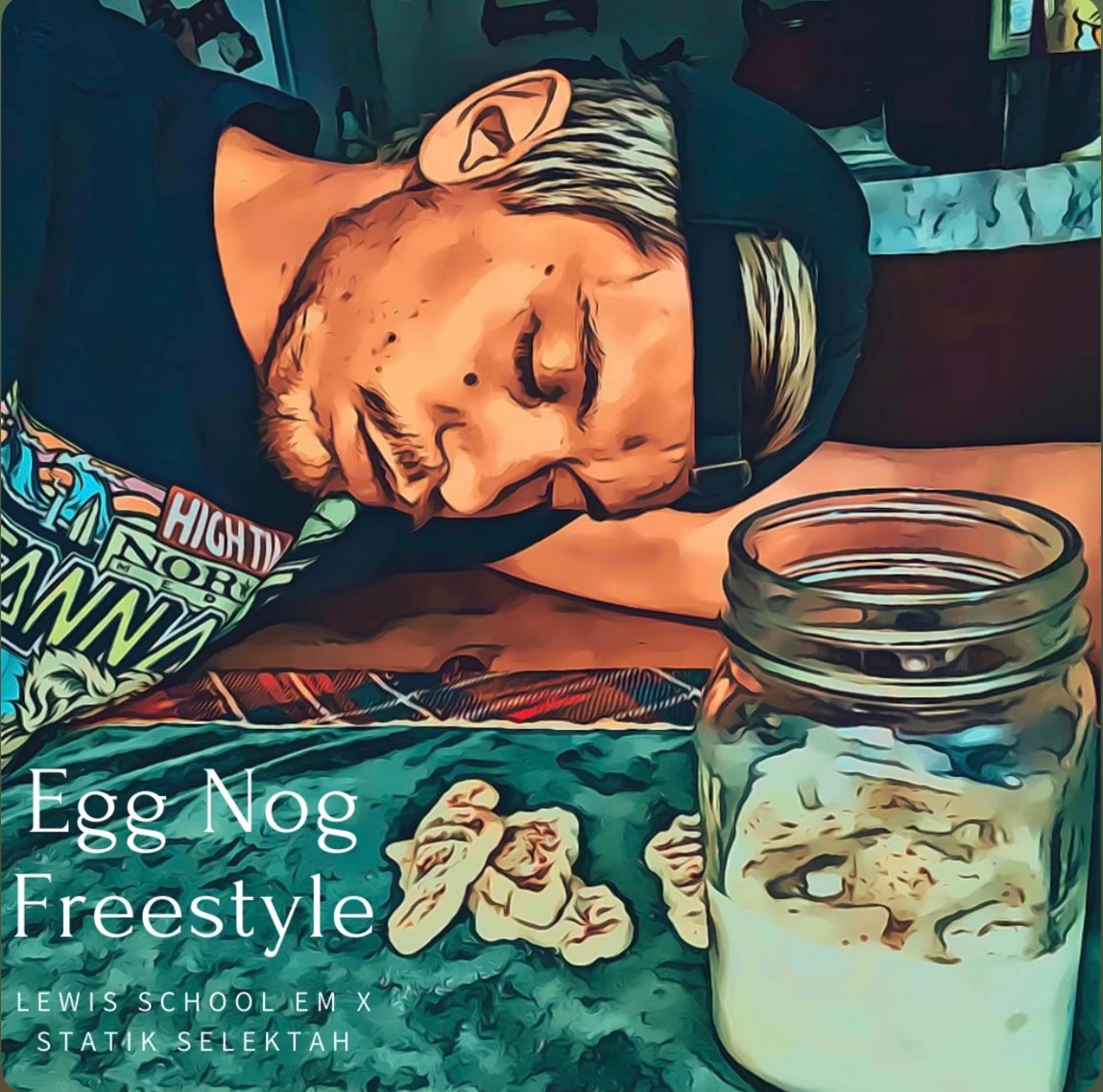 Person sleeping with head on table, jar with ice and drink, and ginger on table, colorful background, casual setting.