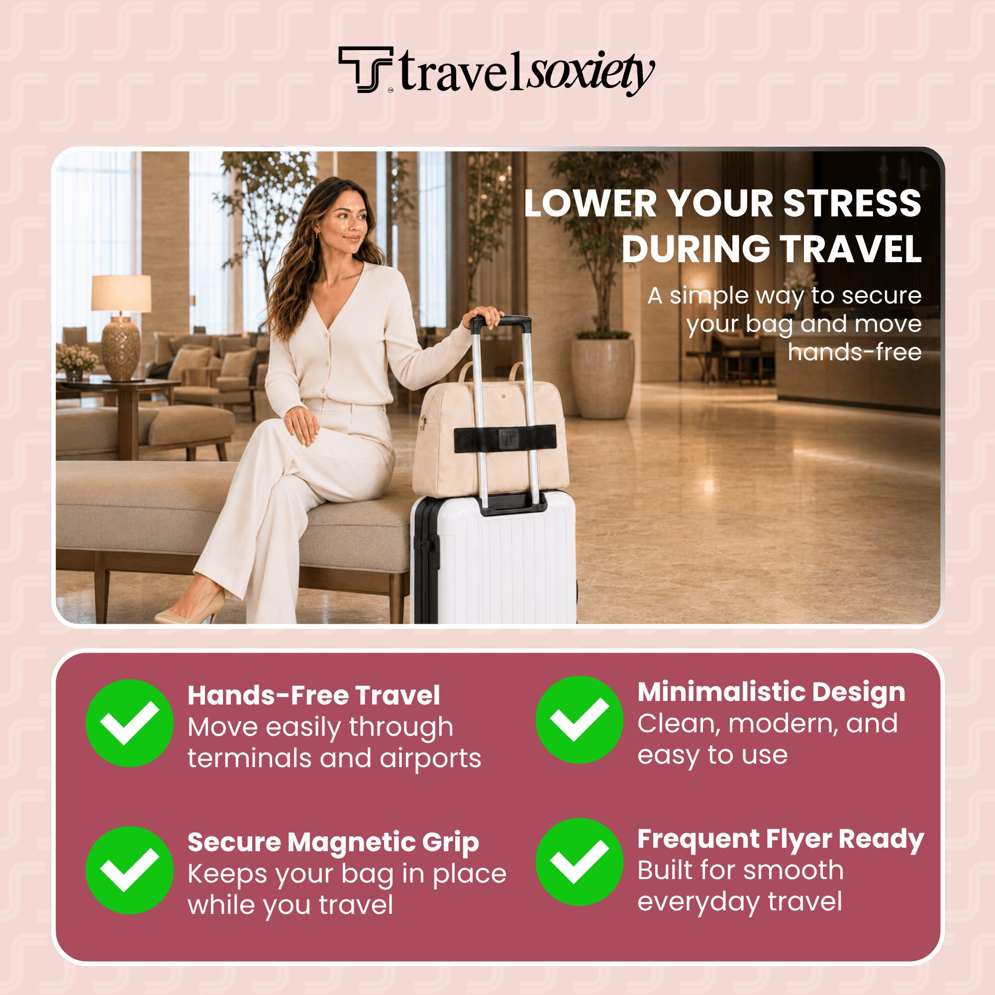 Woman sitting with luggage in airport lounge, promoting stress-free travel and travel accessories, with text about travel tips and features.