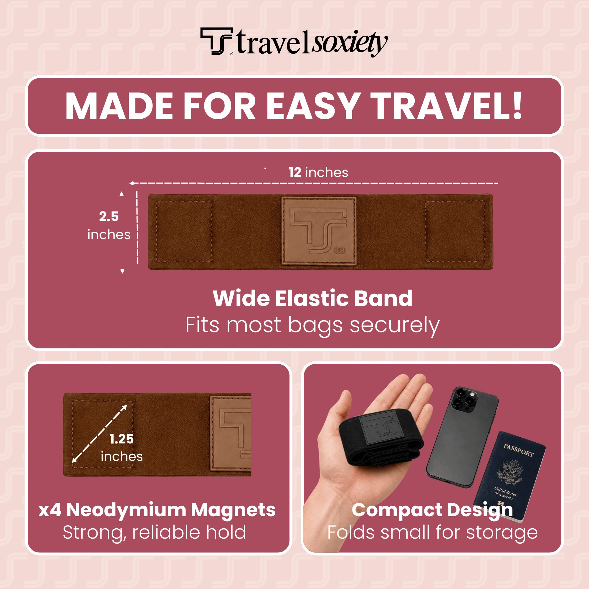Pink background with product details, elastic band, magnets, and compact design for travel accessories, 20 words.
