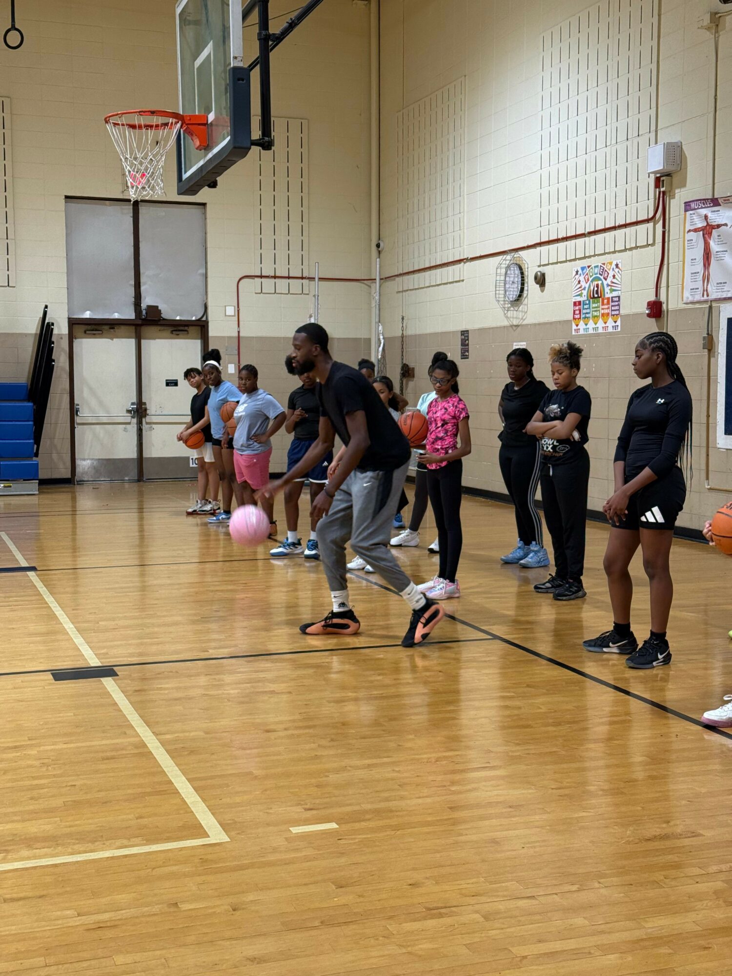 Children playing basketball in a gymnasium, some holding a pink ball, with a basketball hoop visible on the wall.
