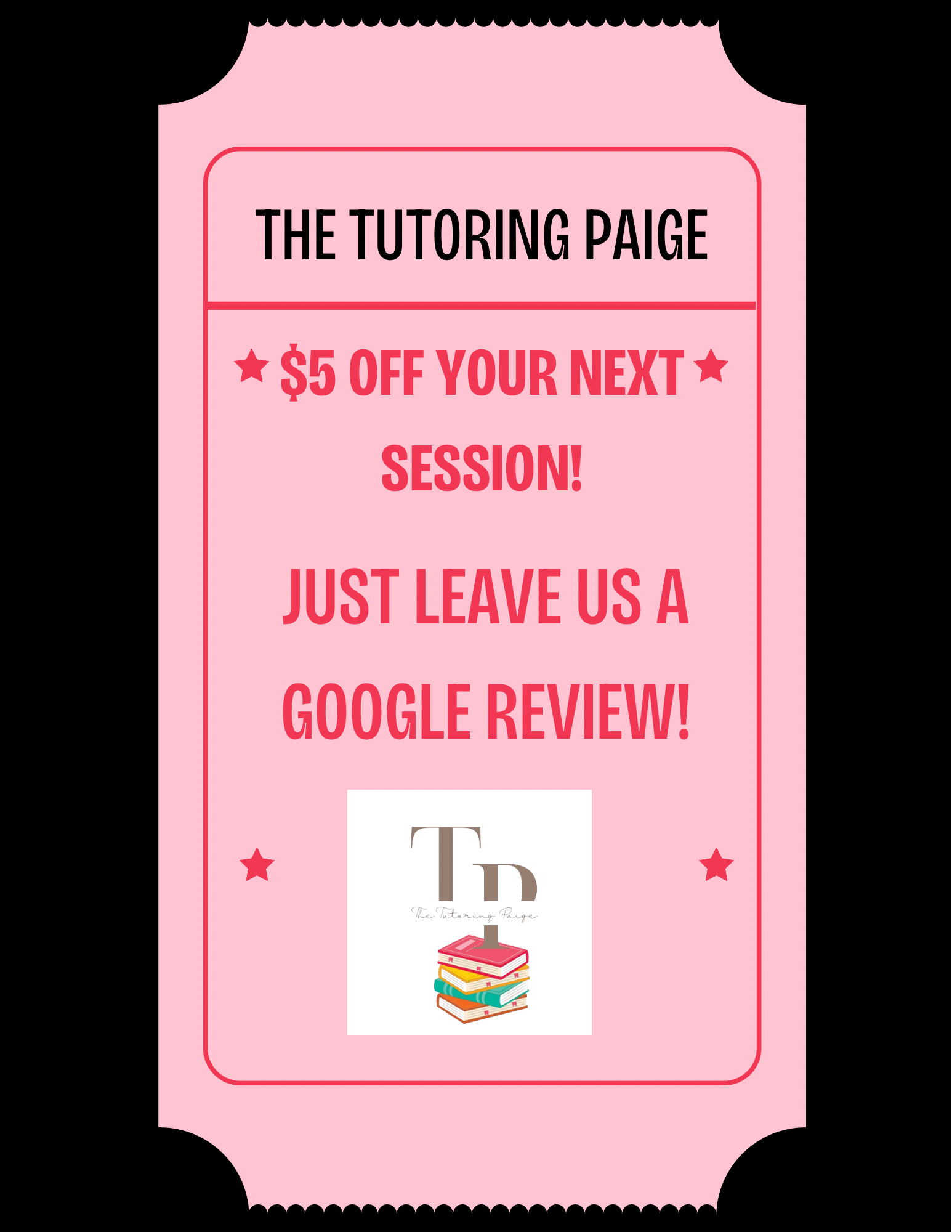 Pink coupon with text offering discount and requesting a Google review, featuring a logo with books and a stack of papers.