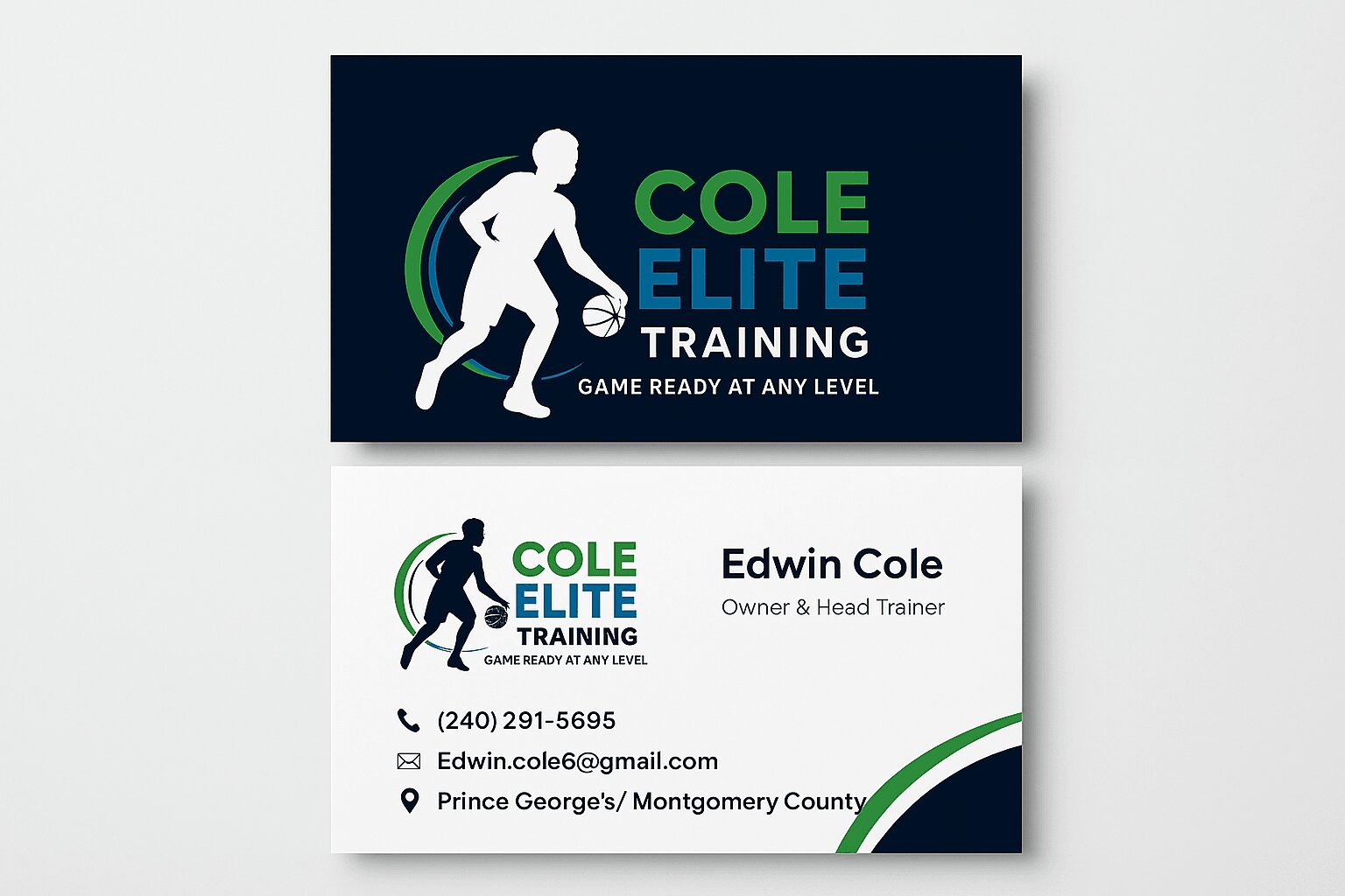 Business card for Cole Elite Training featuring a running person, contact details, and a logo with green and blue colors.
