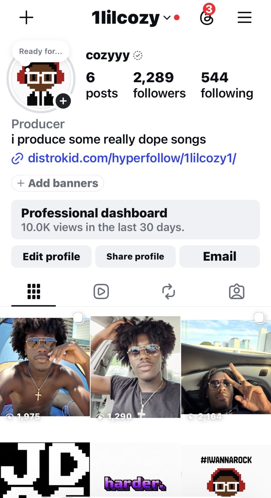 Social media profile page showing profile picture, username, follower count, and three photos of a person with curly hair.