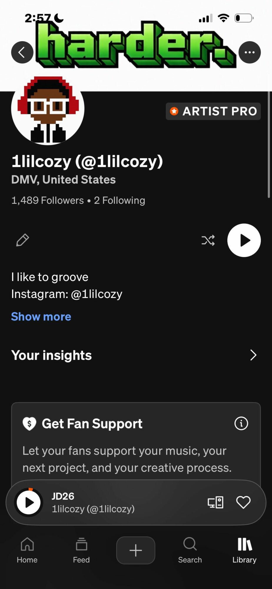 Screenshot of a music artist's profile page showing artist name, followers, and social media links.