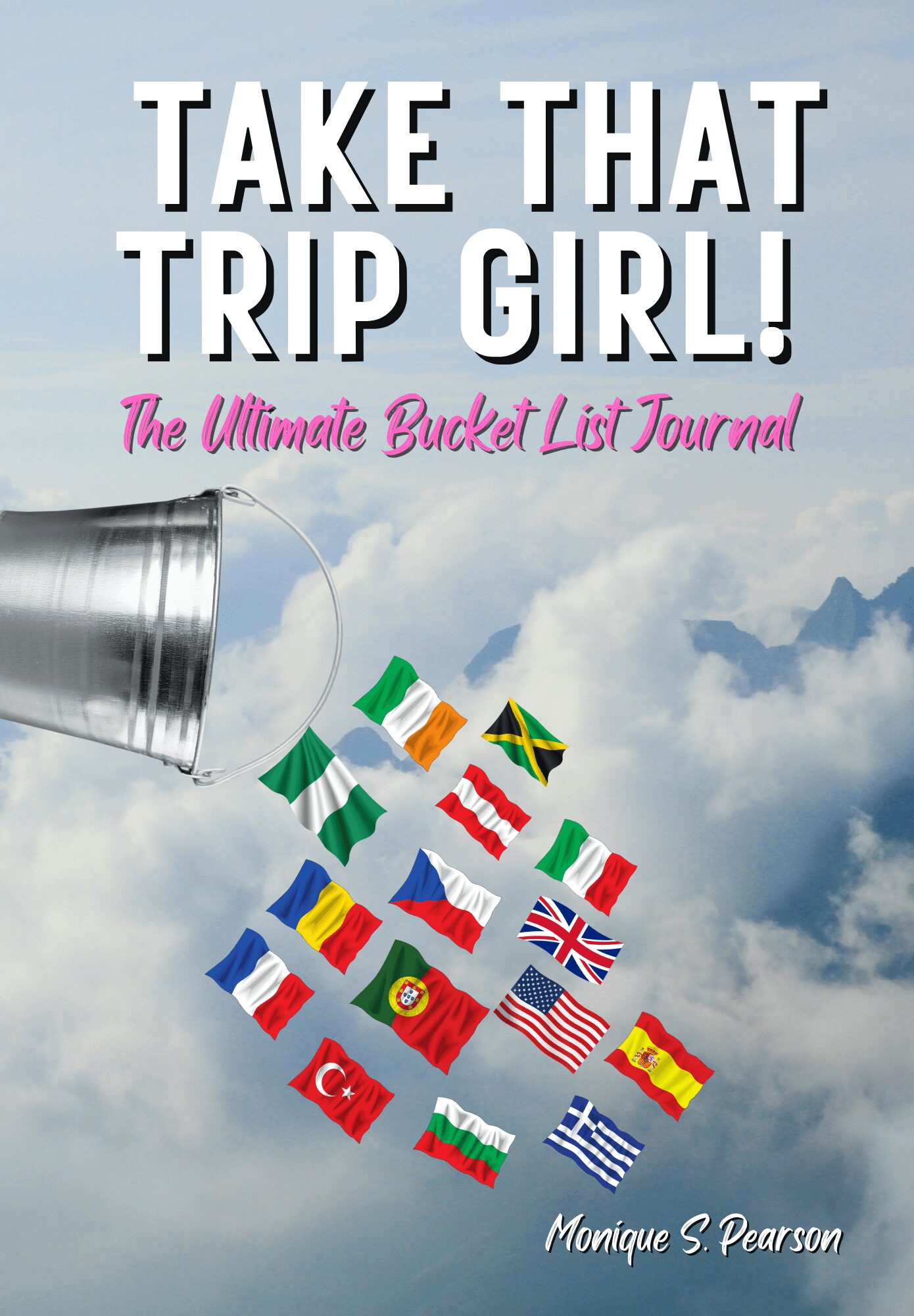 Book cover with a sky background, title in large white letters, and small flags falling from a bucket.