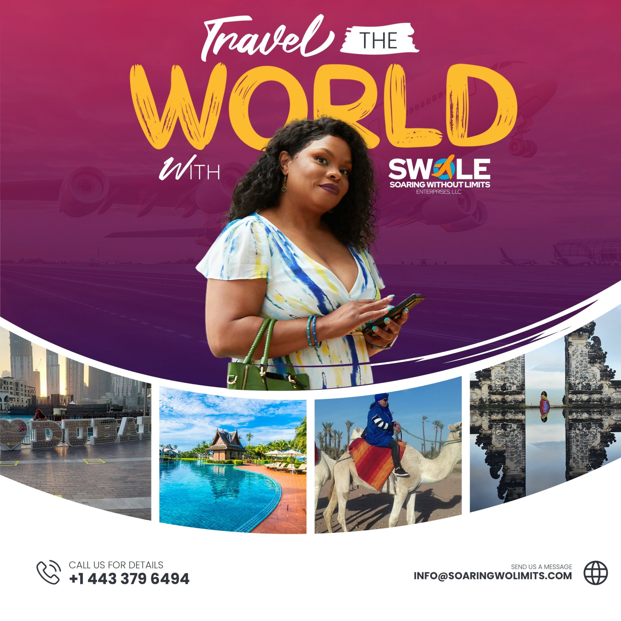 Woman holding a phone, standing in front of travel-themed graphic with images of landmarks and a pool.