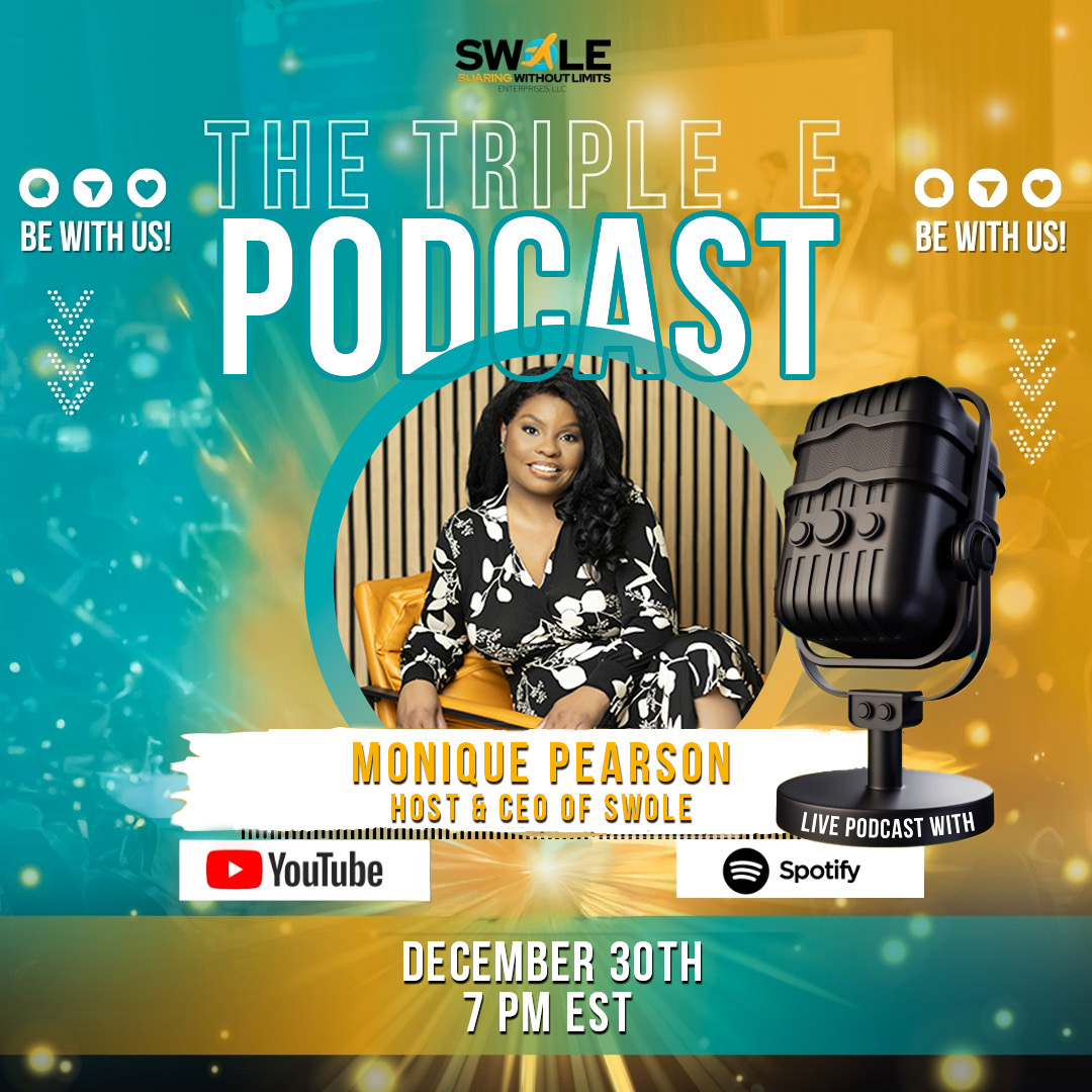 Podcast promotional graphic featuring a woman, a microphone, and event details, with colorful background and text.