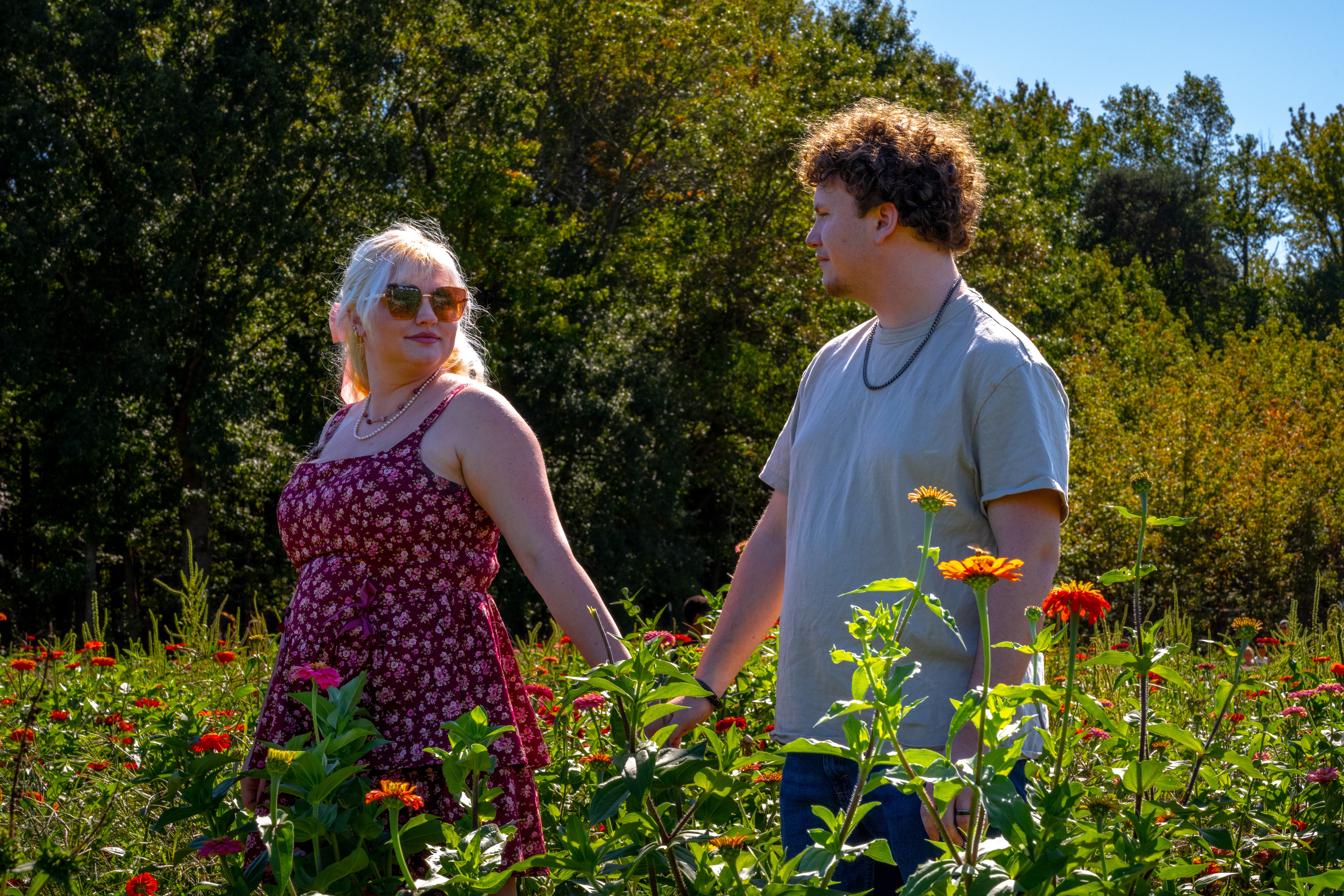 Two people holding hands in a garden with colorful flowers and trees in the background, sunny day.