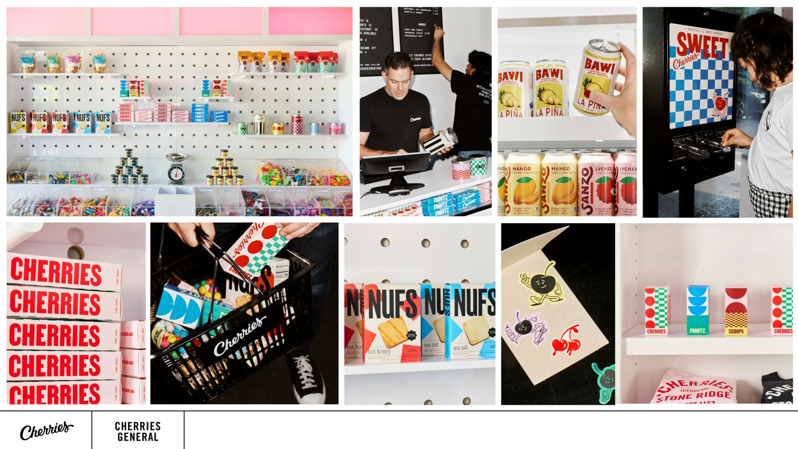 Collage of images showing store shelves with colorful products, people shopping, and close-ups of items like cherries and candies.