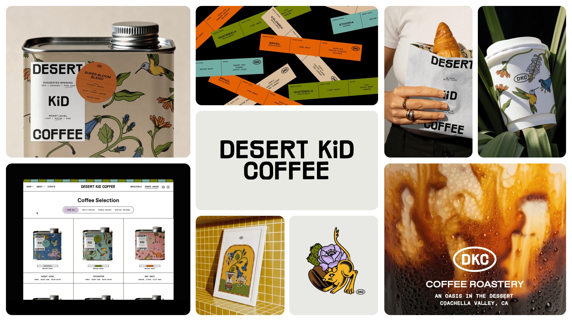 Collage of images including coffee products, a sign reading 'DESERT KiD COFFEE,' and coffee-related items.