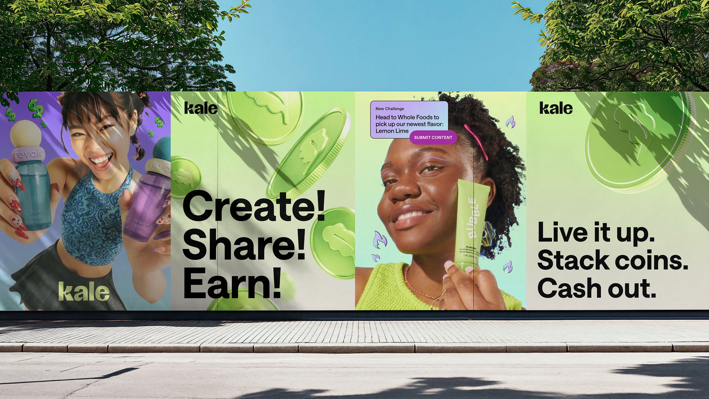 Billboard with smiling woman holding a green ice cream, text about creating, sharing, earning, and cashing out, with green leaves background.