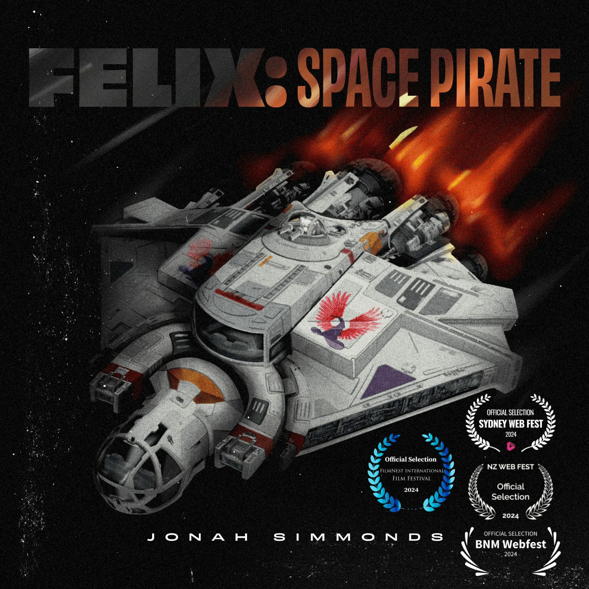 Book cover titled 'Felix: Space Pirate' featuring a spaceship with fiery background, awards, and author Jonah Simmonds.