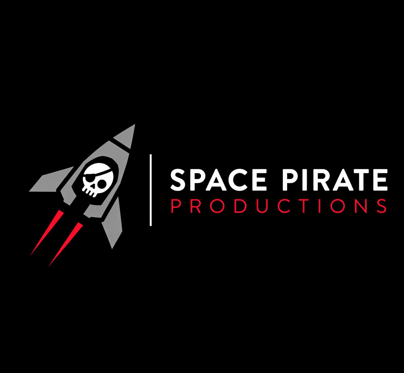 Logo with a rocket and skull, text reads 'SPACE PIRATE PRODUCTIONS', black background.